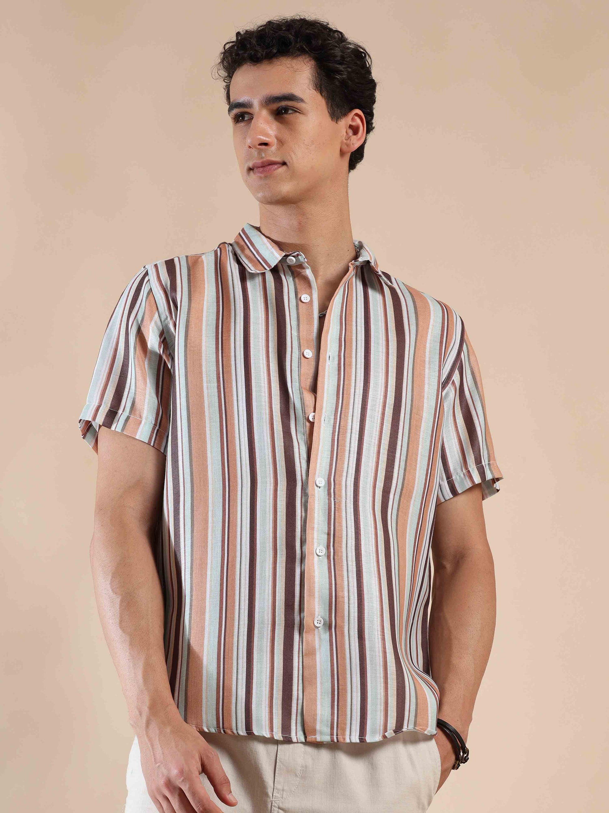 Half sleeve stripe polyester cotton shirt for men