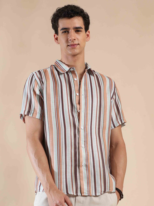 Half sleeve stripe polyester cotton shirt for men