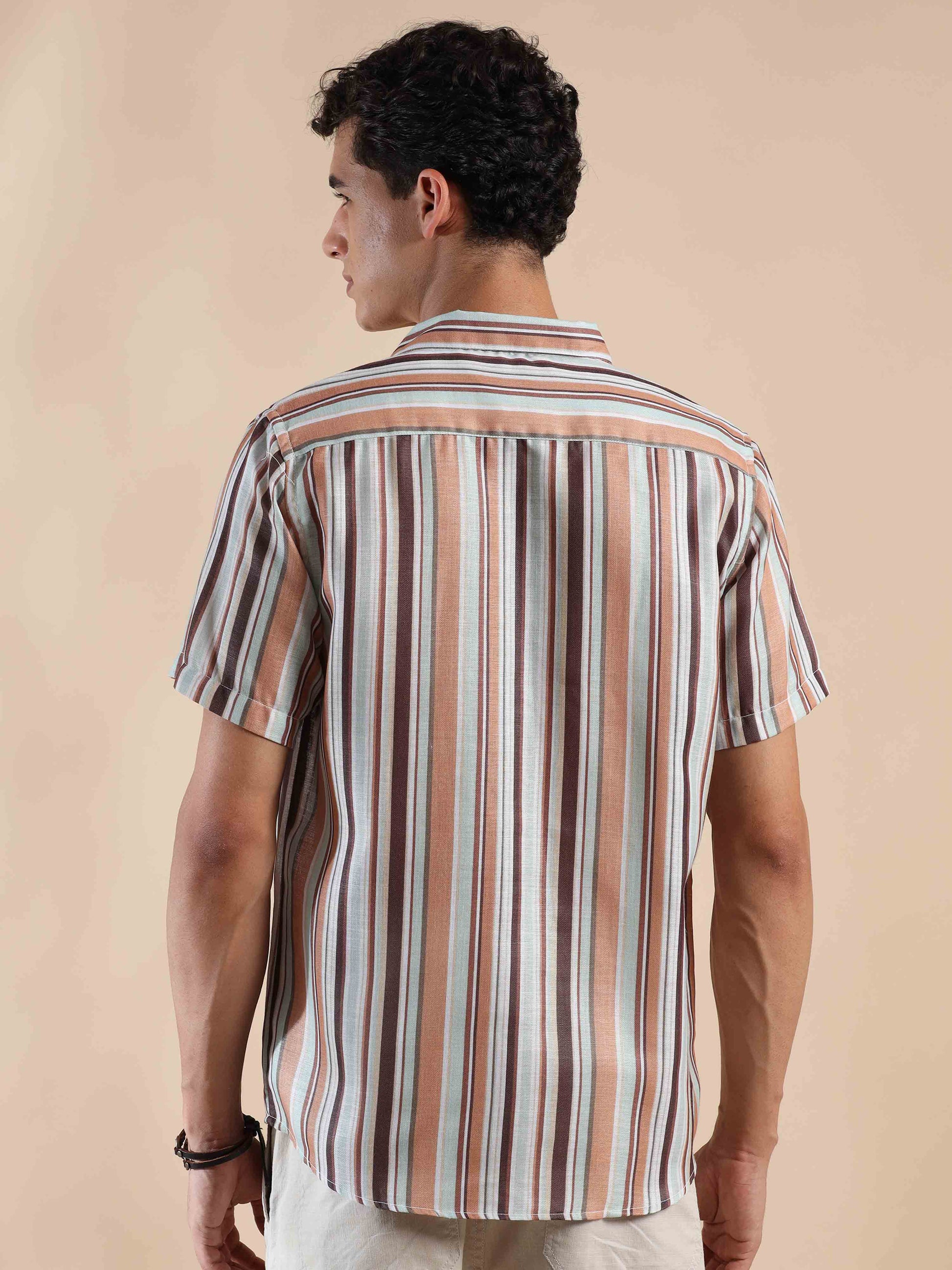 Half sleeve stripe polyester cotton shirt for men