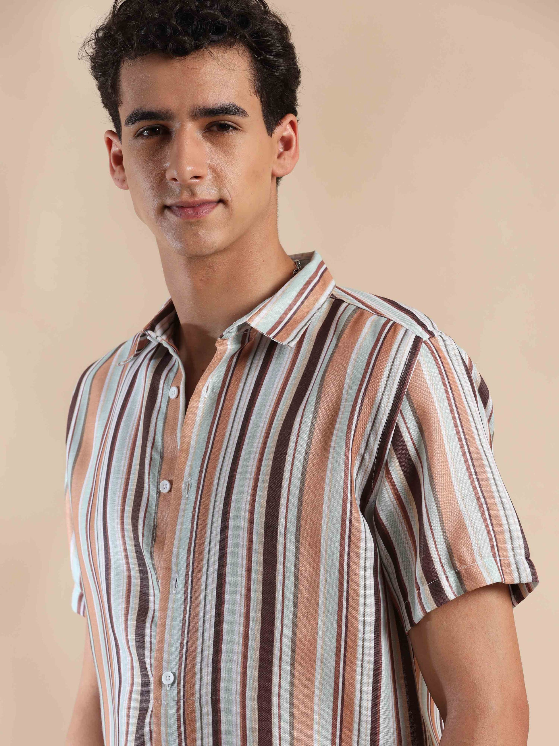 Half sleeve stripe polyester cotton shirt for men