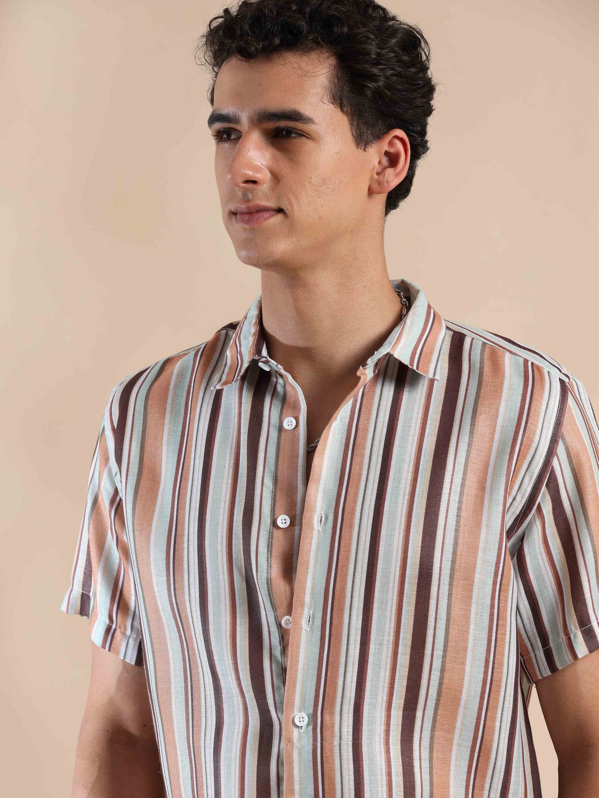 Half sleeve stripe polyester cotton shirt for men