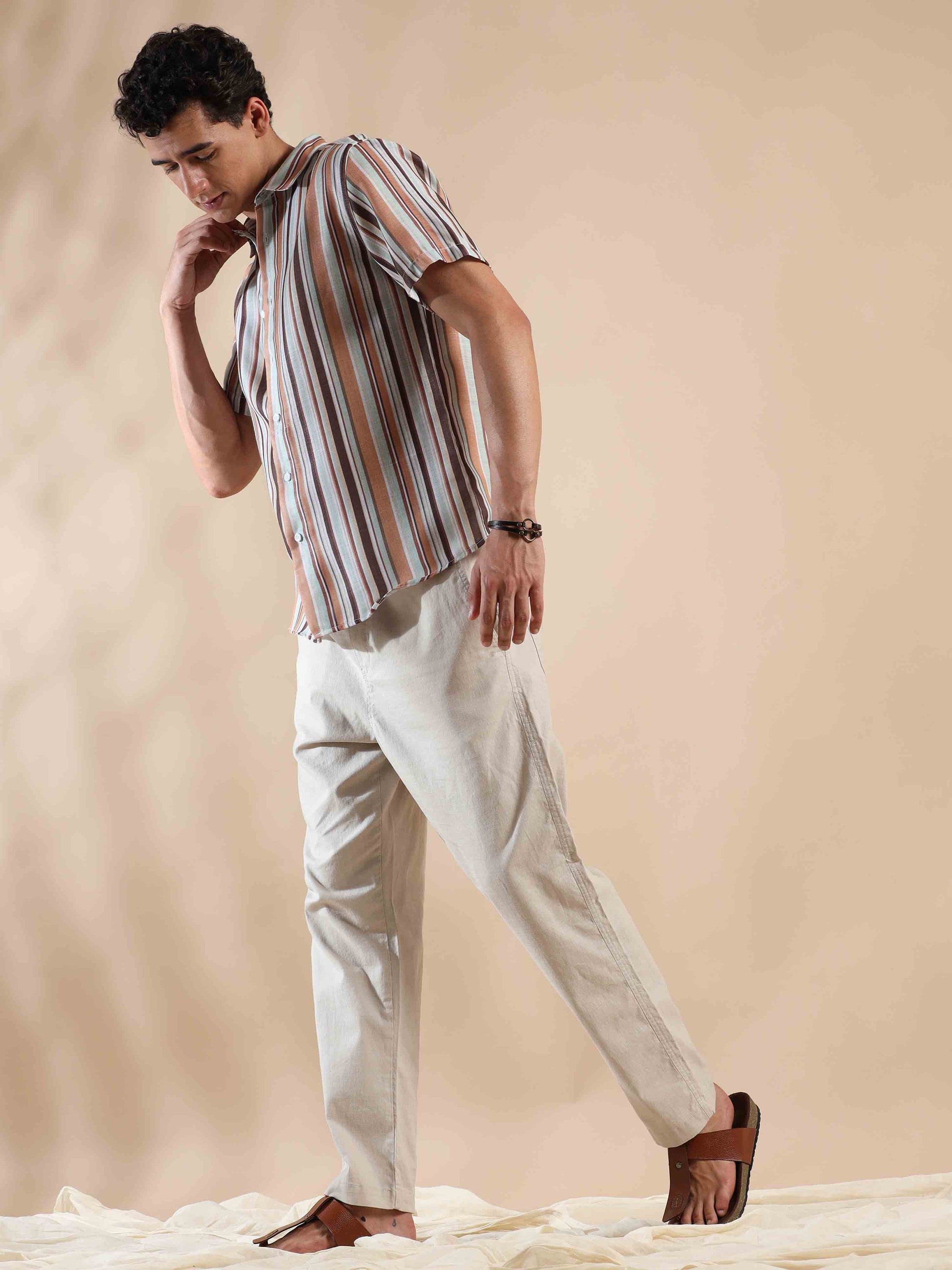 Half sleeve stripe polyester cotton shirt for men