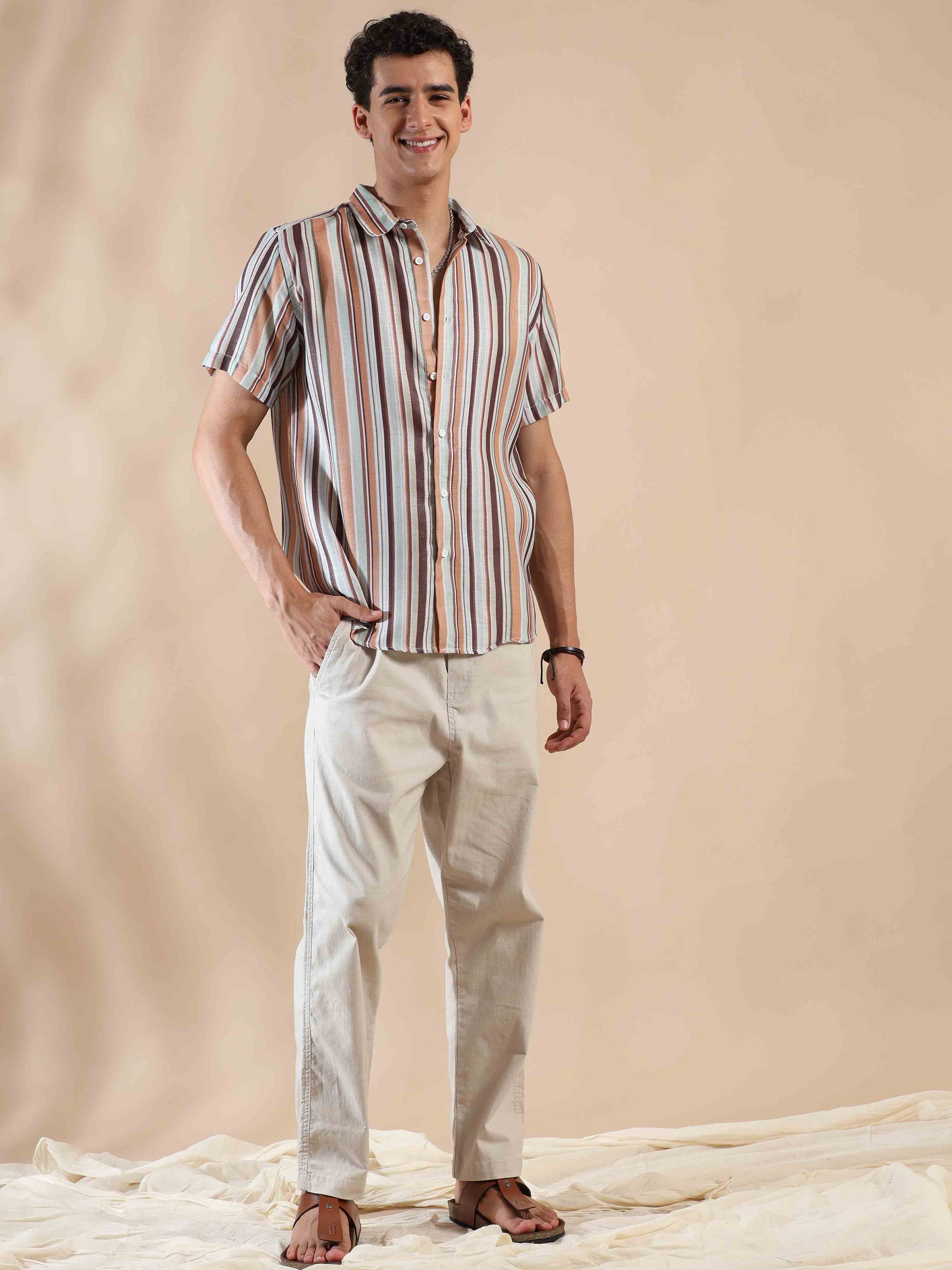 Half sleeve stripe polyester cotton shirt for men