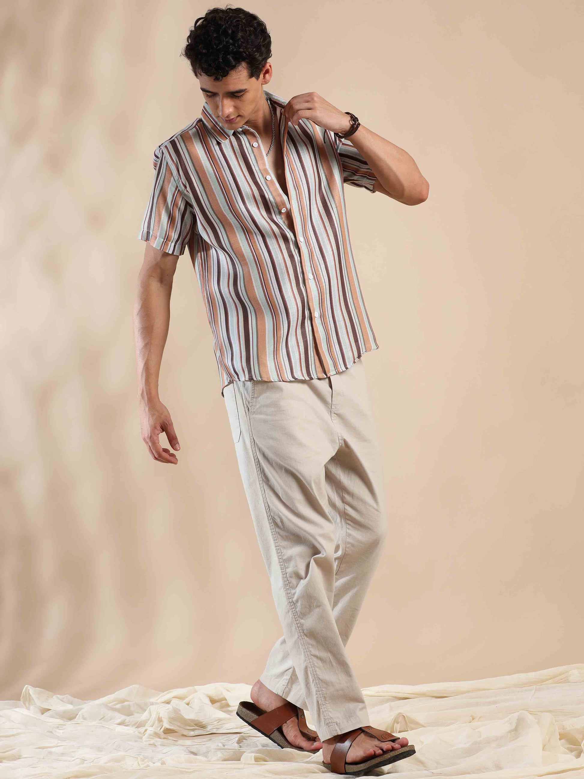 Half sleeve stripe polyester cotton shirt for men
