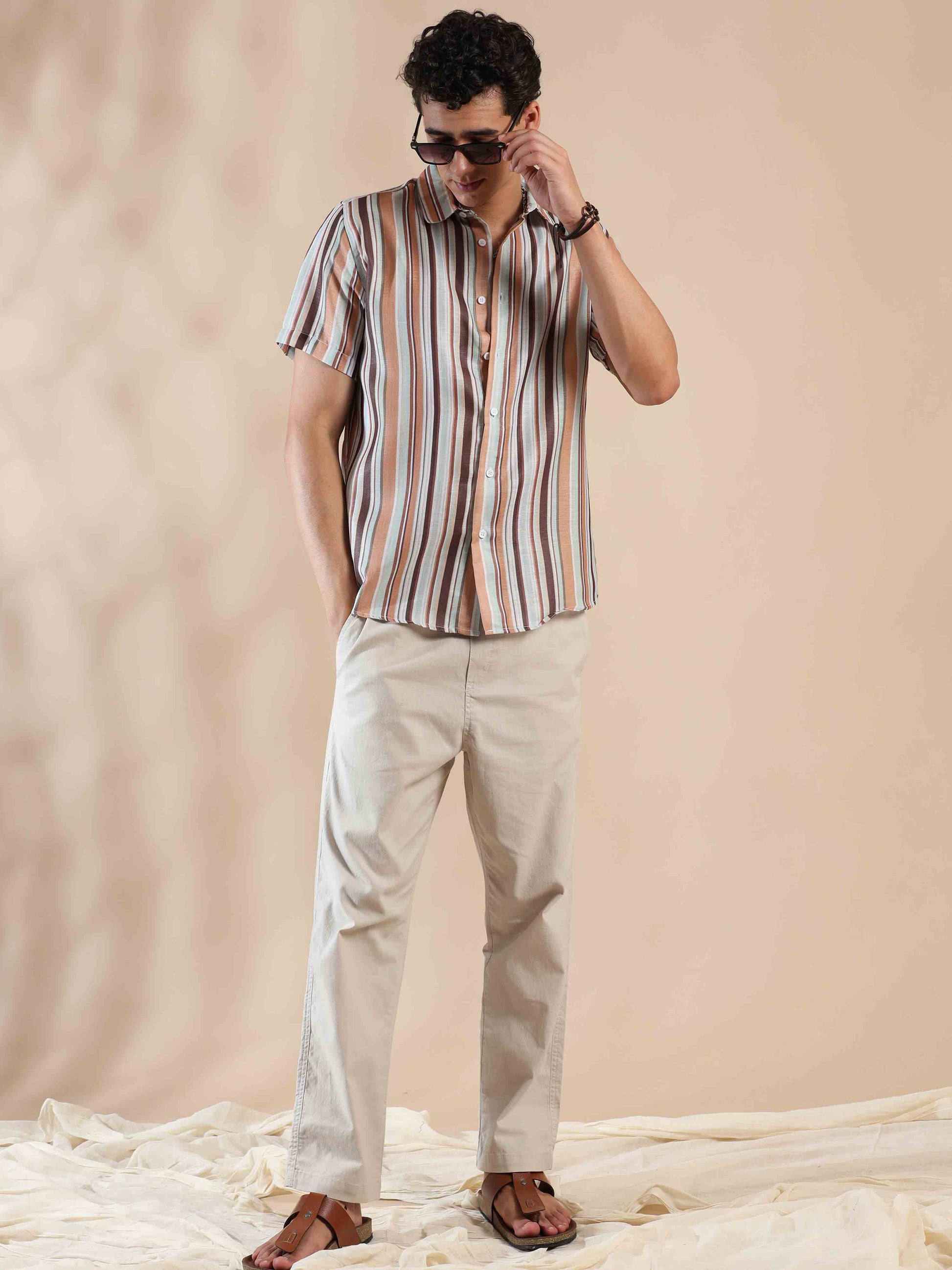Half sleeve stripe polyester cotton shirt for men
