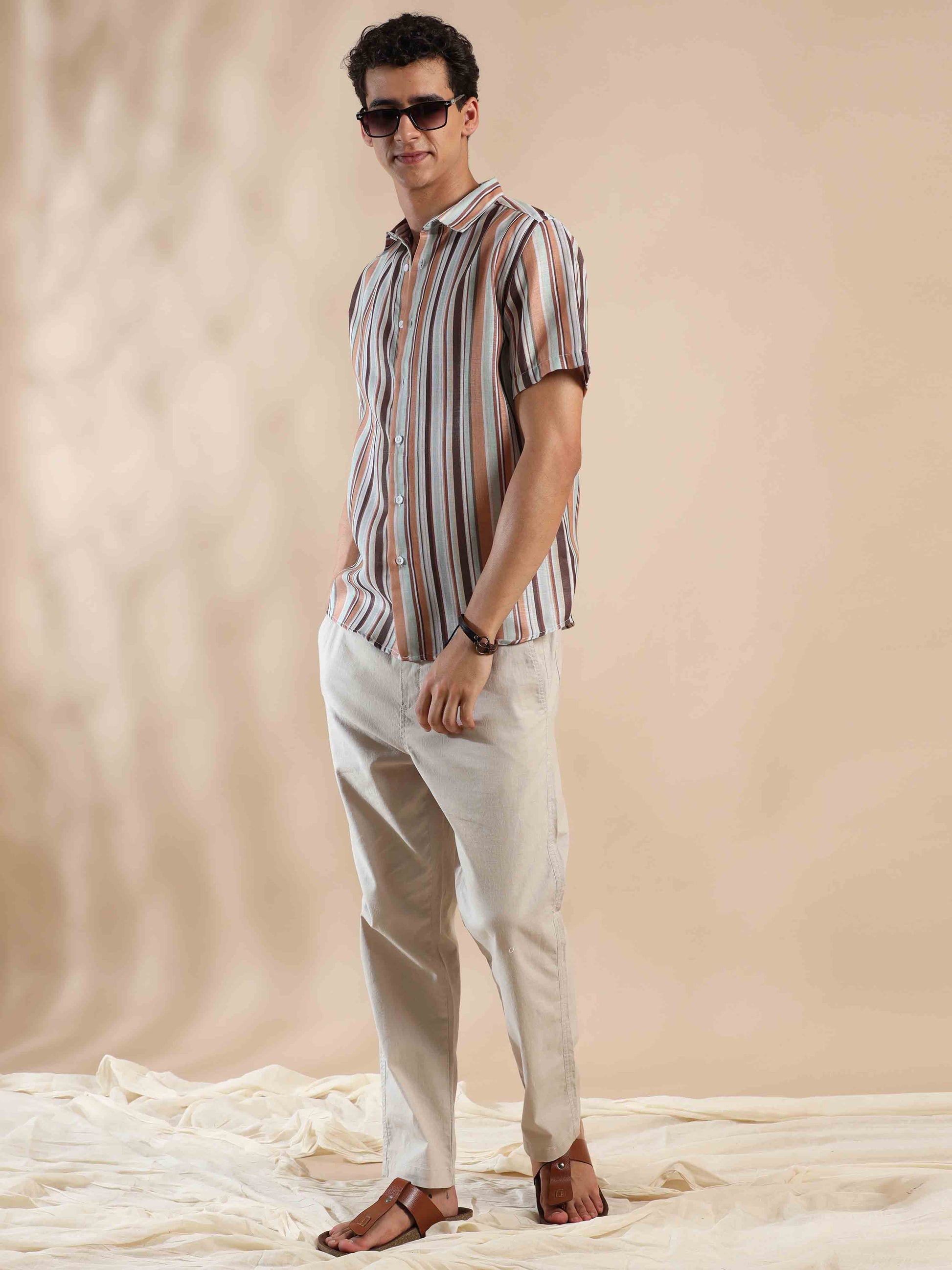Half sleeve stripe polyester cotton shirt for men