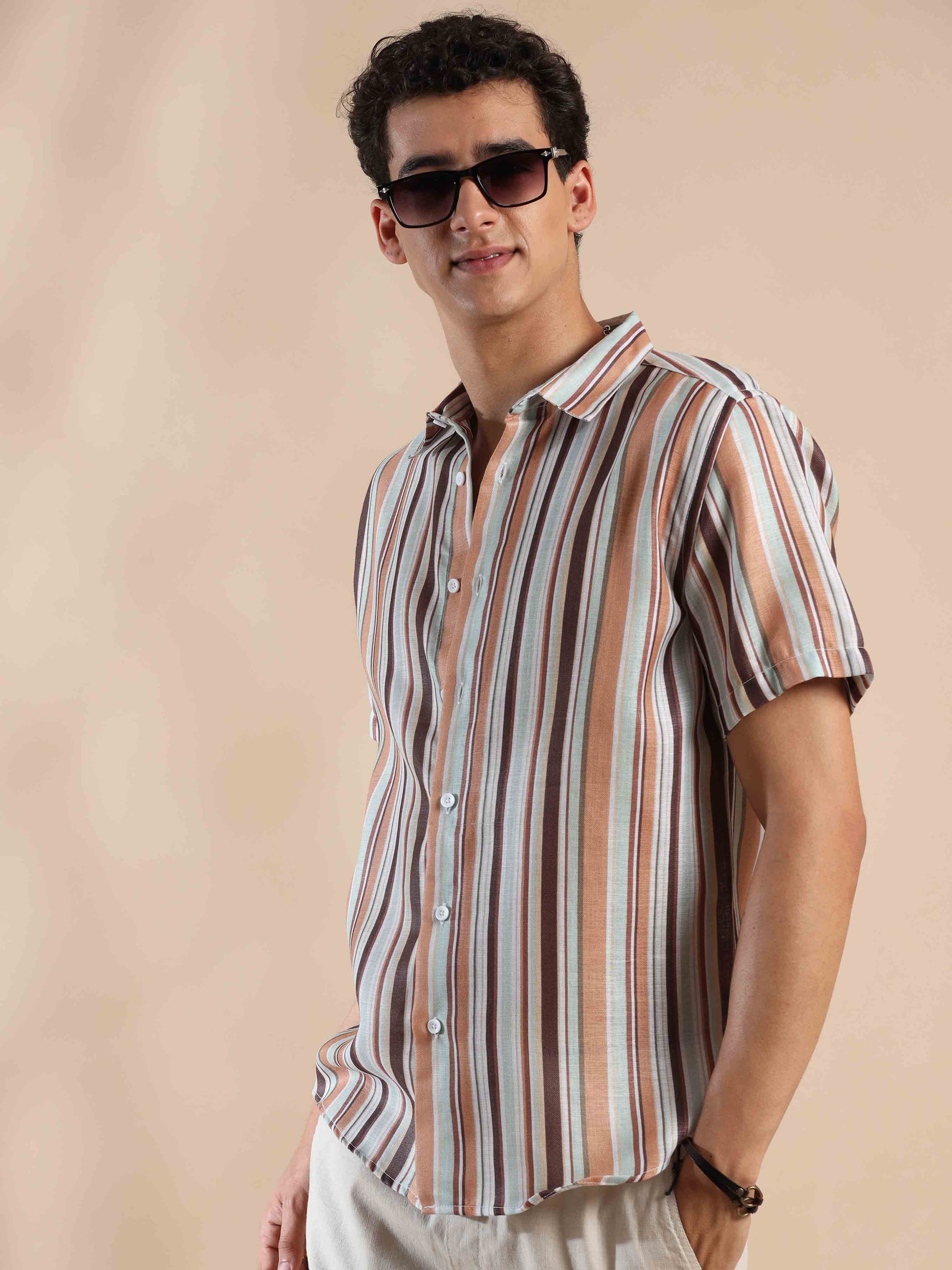 Half sleeve stripe polyester cotton shirt for men