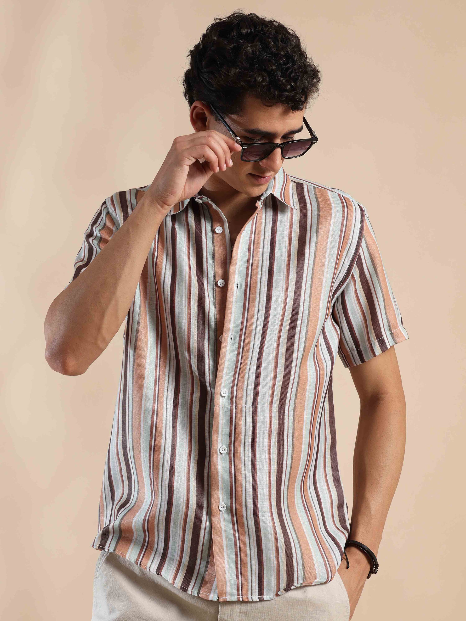 Half sleeve stripe polyester cotton shirt for men