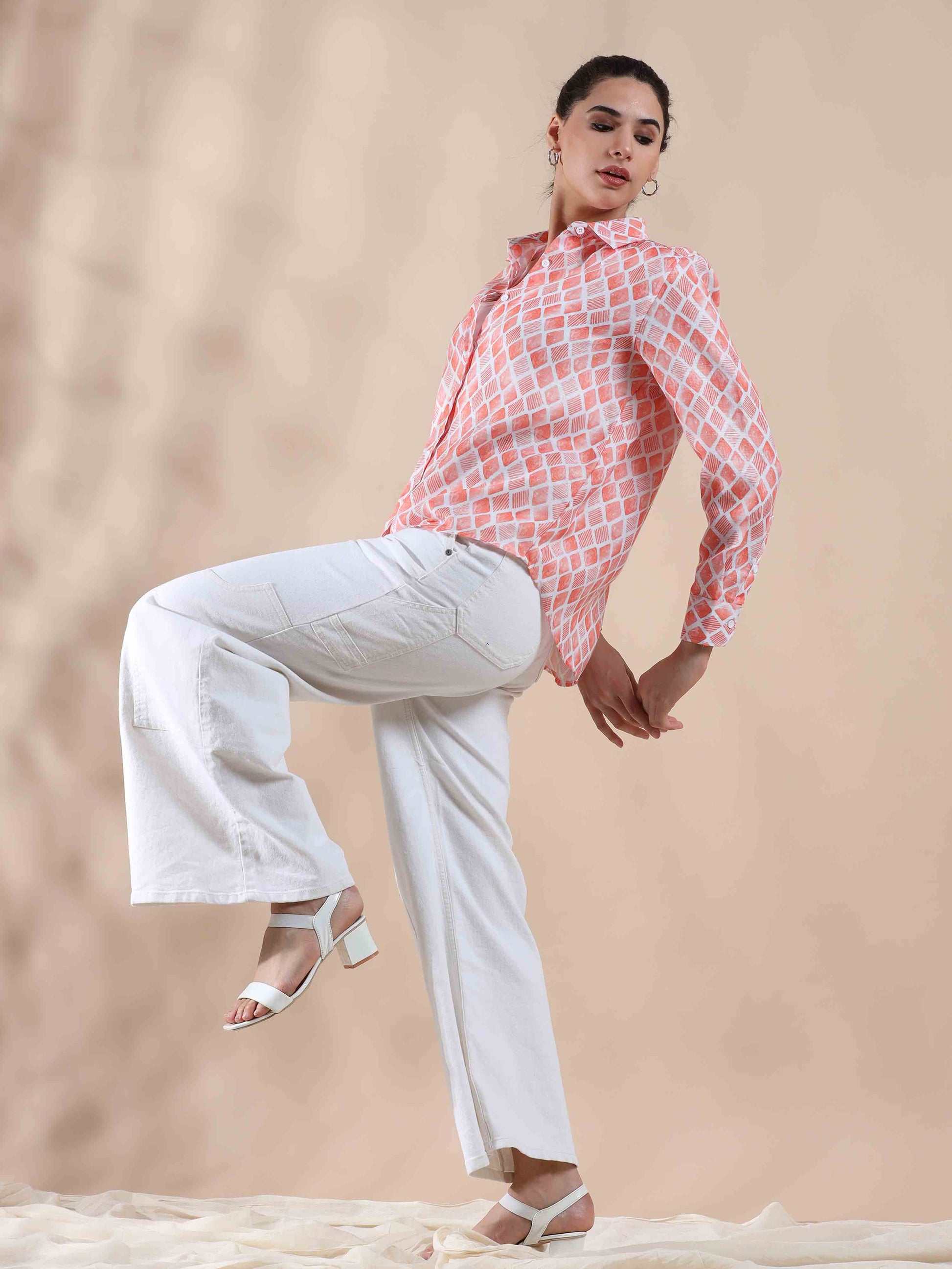 Peachy Coral Cotton Shirt for women