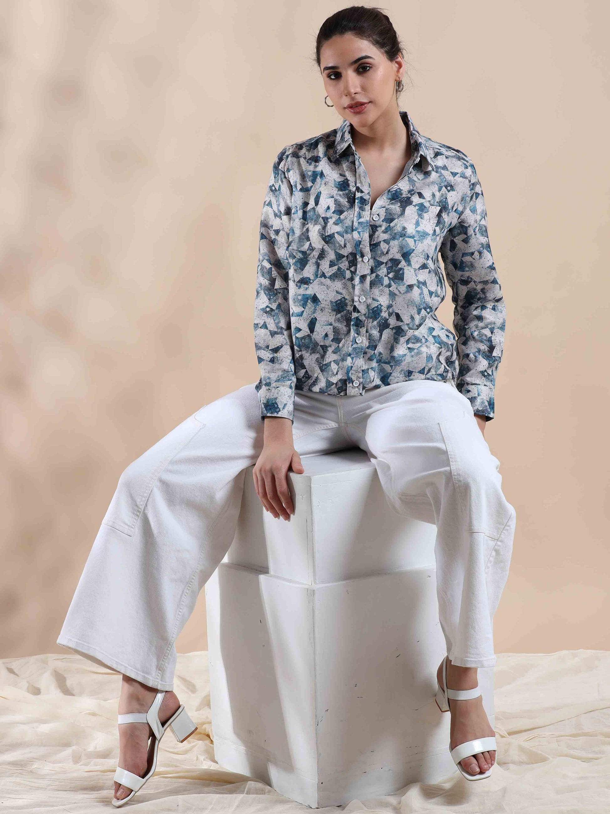 Ocean Blue Cotton Shirt for Women