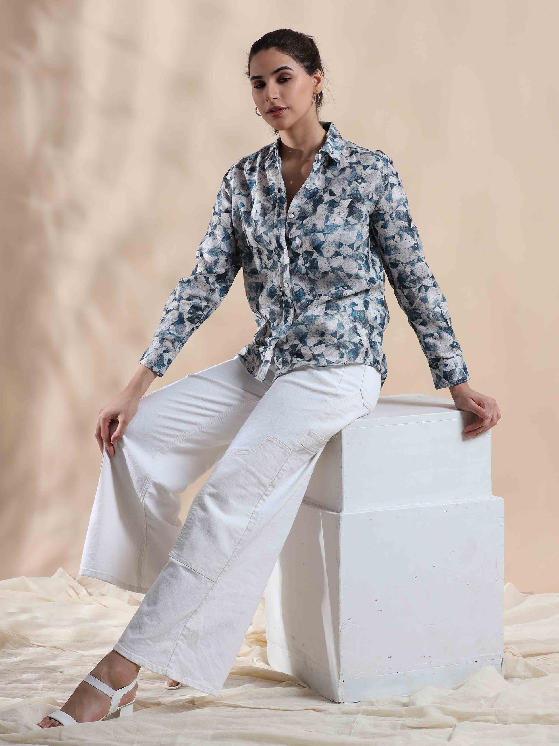 Ocean Blue Cotton Shirt for Women