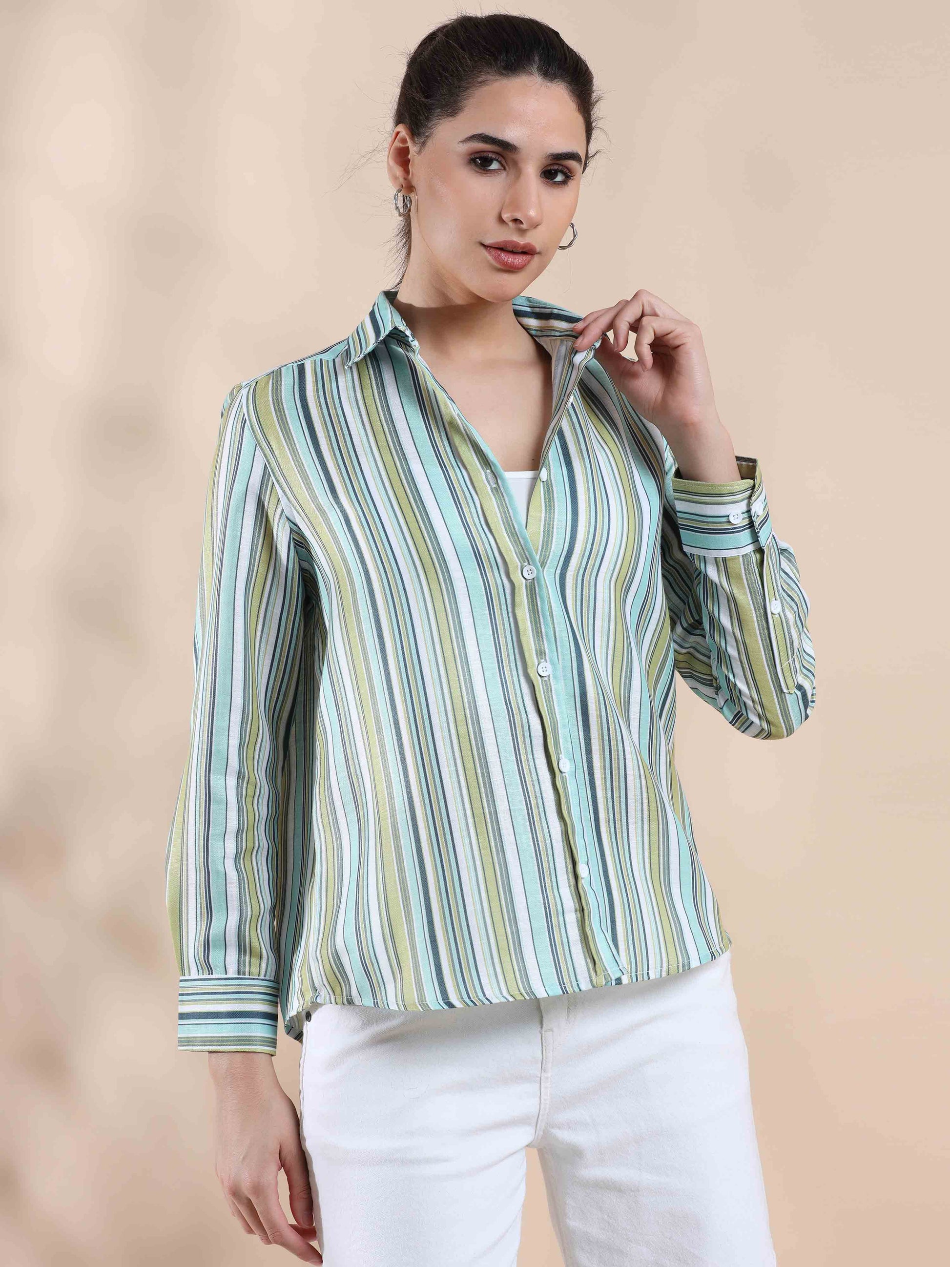Green Stripe Cotton Shirt for Women