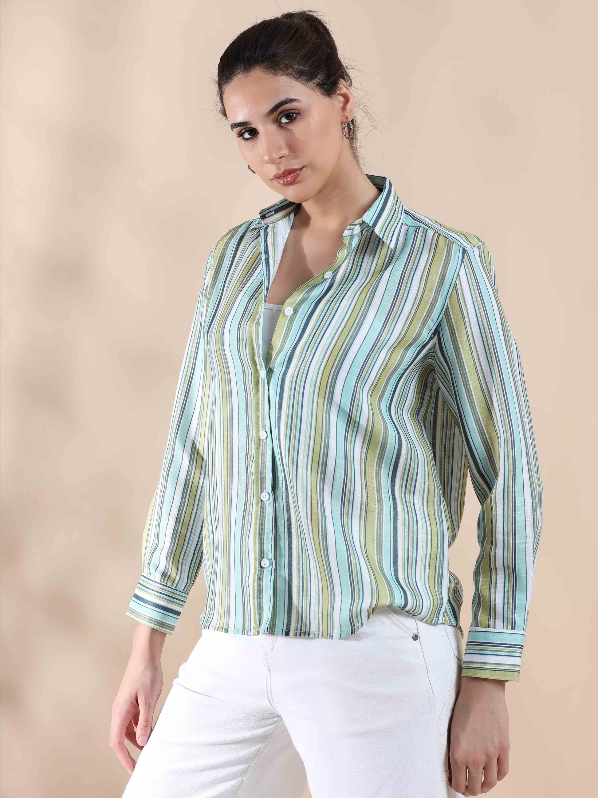 Green Stripe Cotton Shirt for Women
