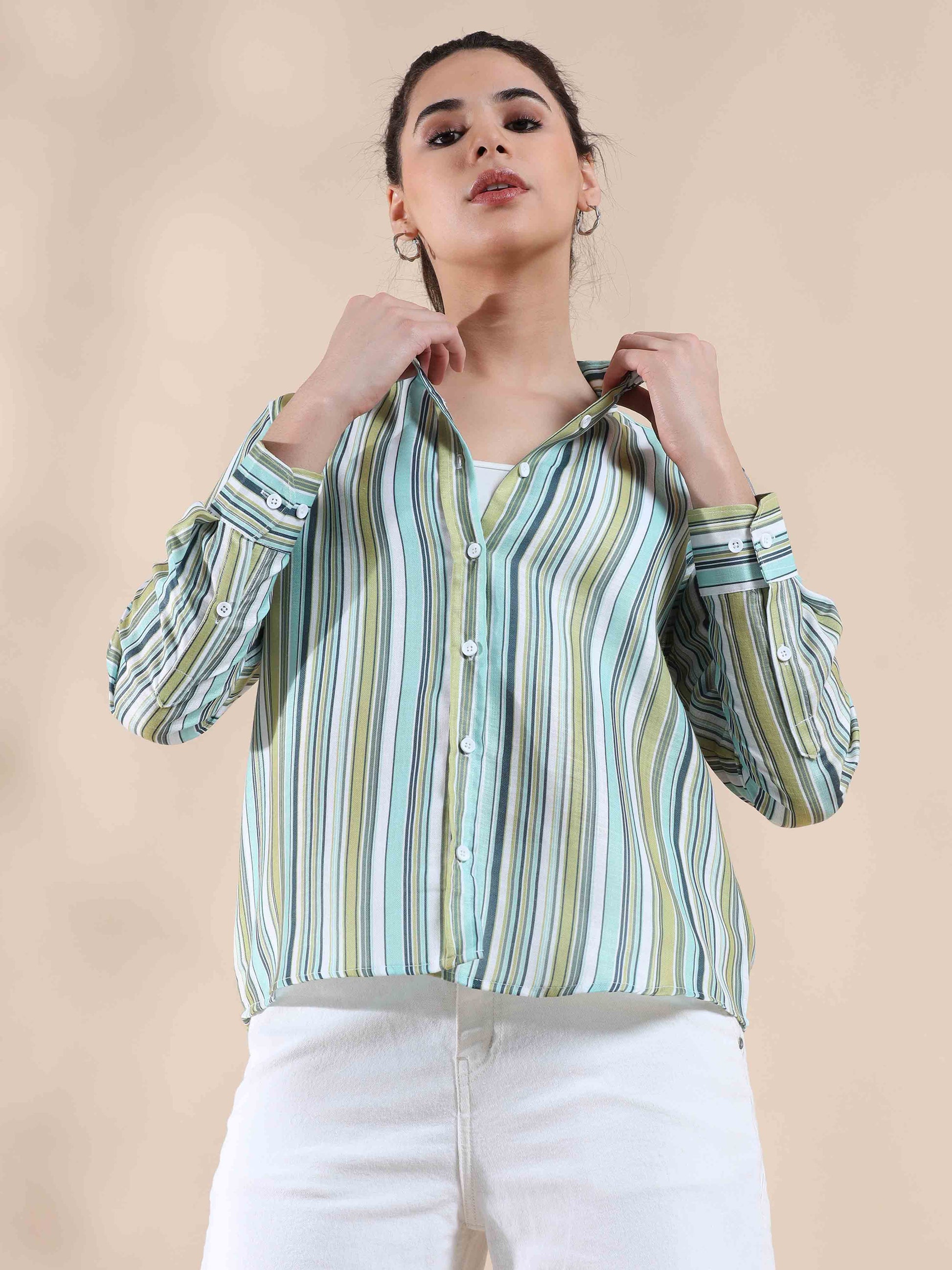 Green Stripe Cotton Shirt for Women