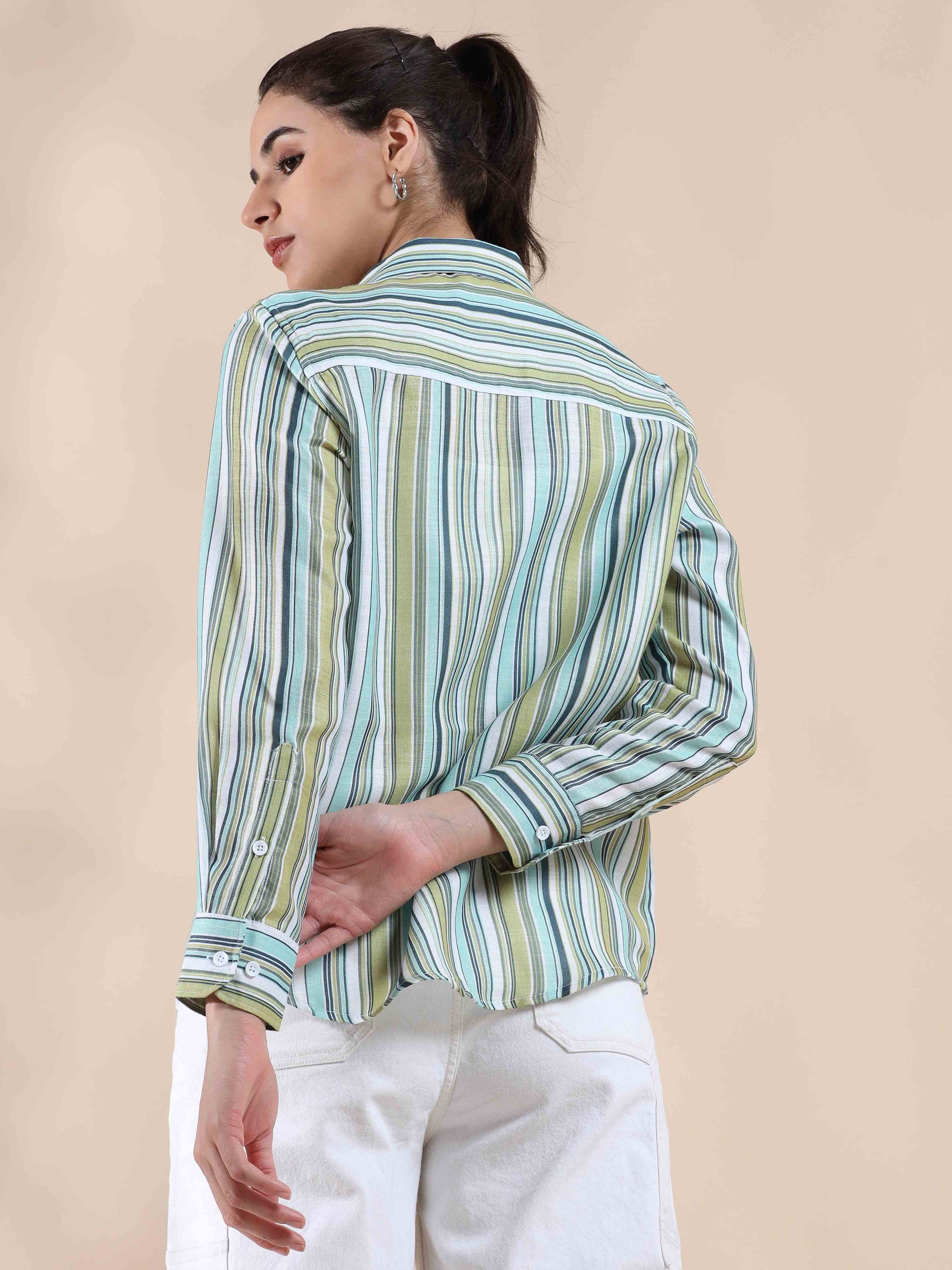 Green Stripe Cotton Shirt for Women