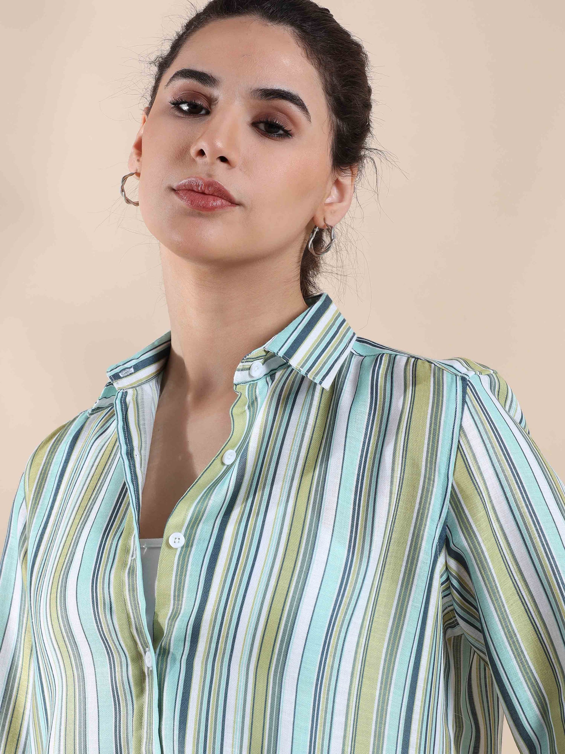 Green Stripe Cotton Shirt for Women