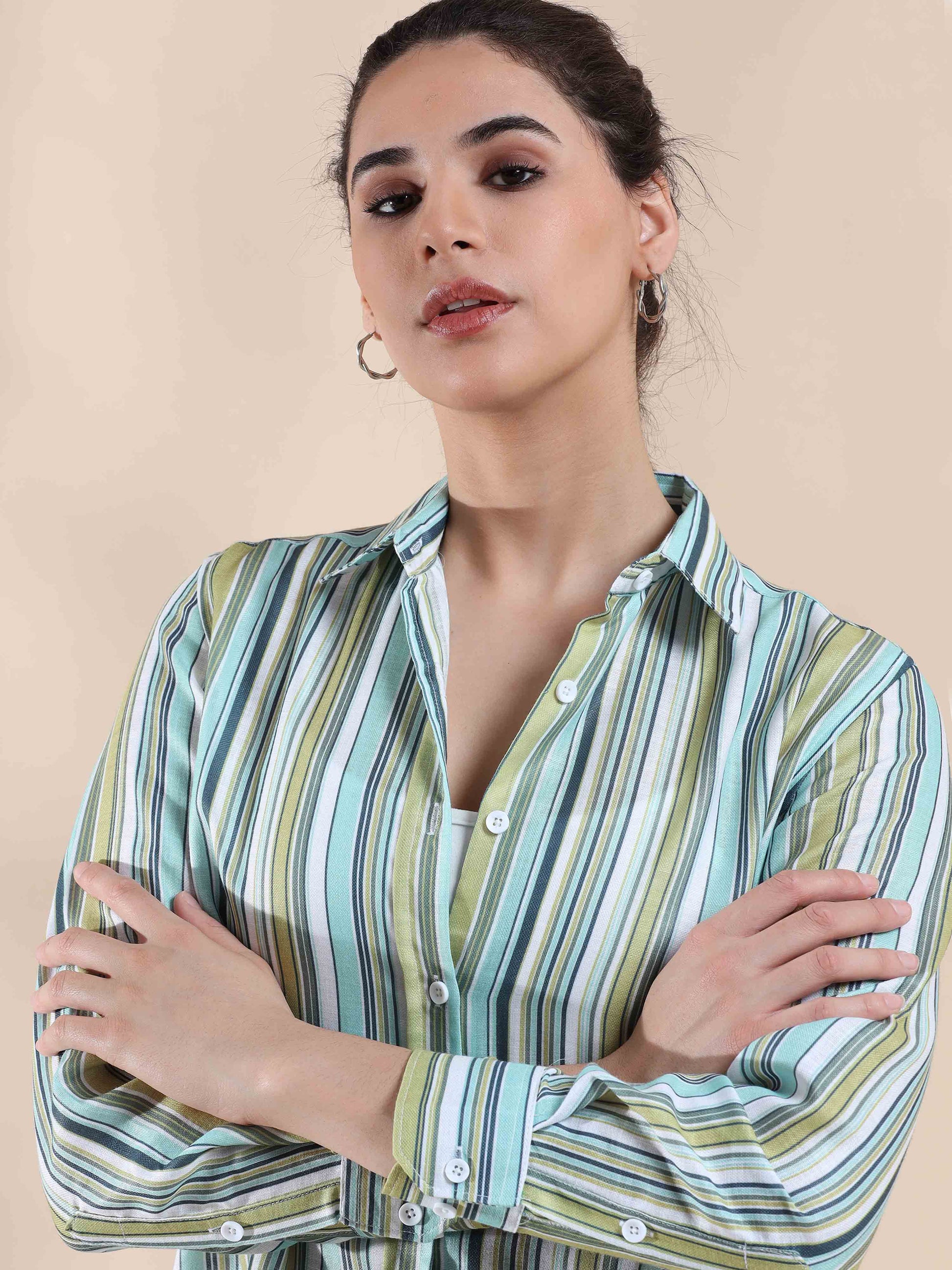 Green Stripe Cotton Shirt for Women