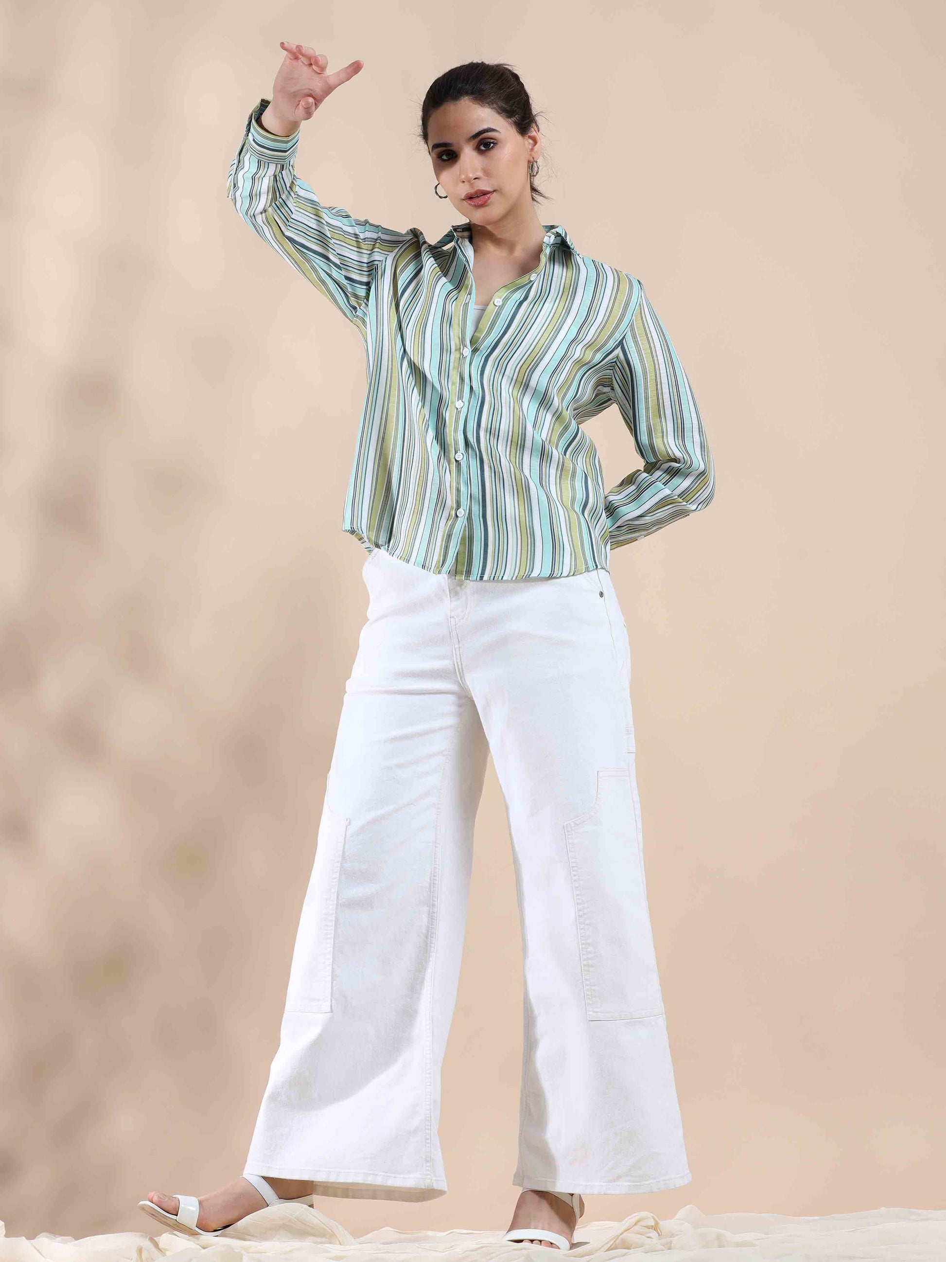 Green Stripe Cotton Shirt for Women