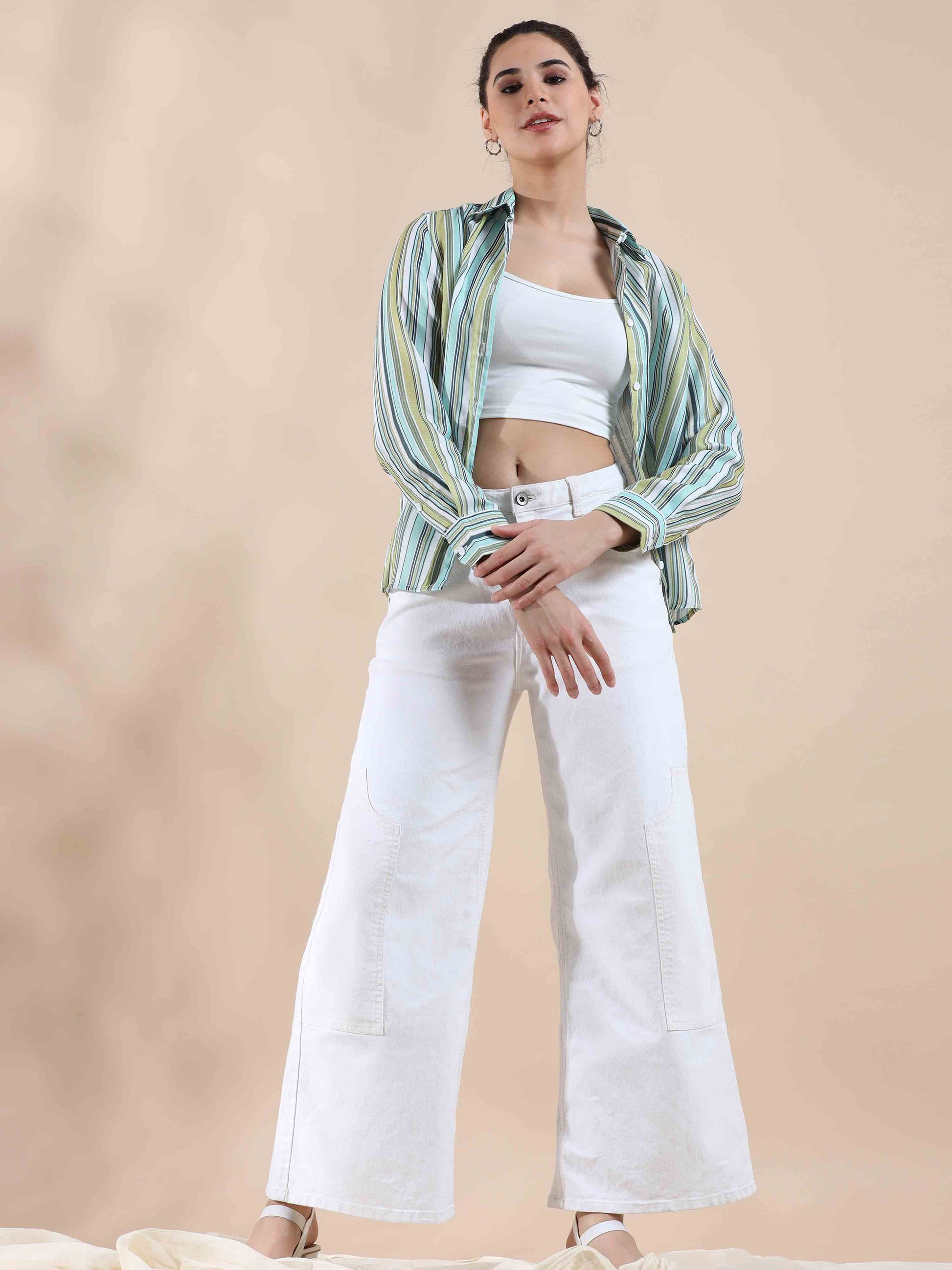 Green Stripe Cotton Shirt for Women