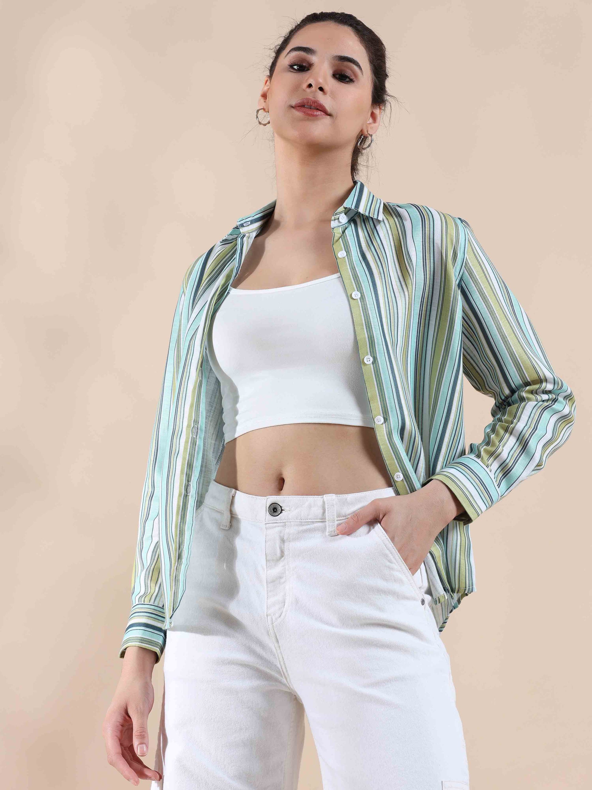 Green Stripe Cotton Shirt for Women