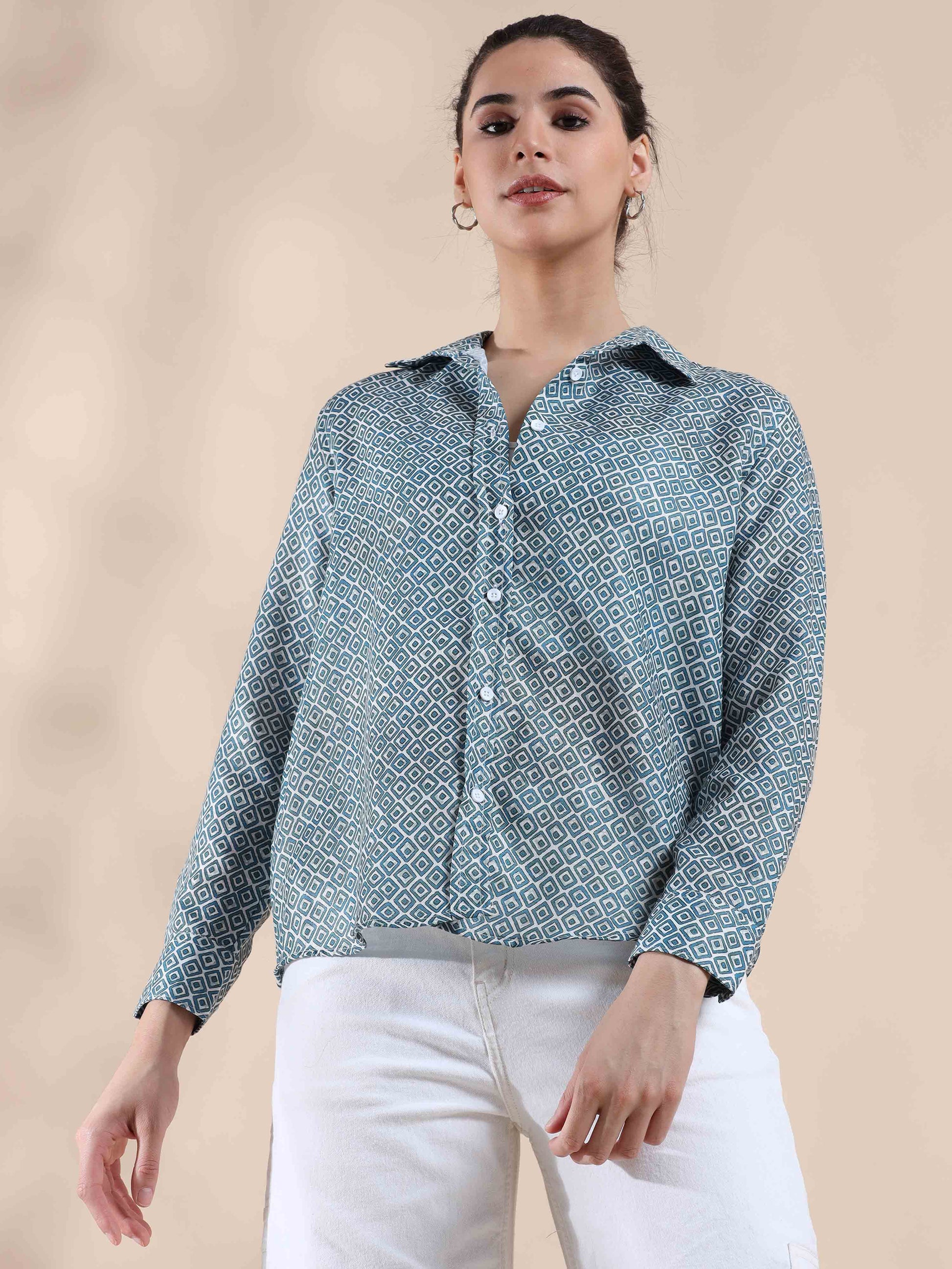 Crisp Blue Grey Cotton Shirt for women