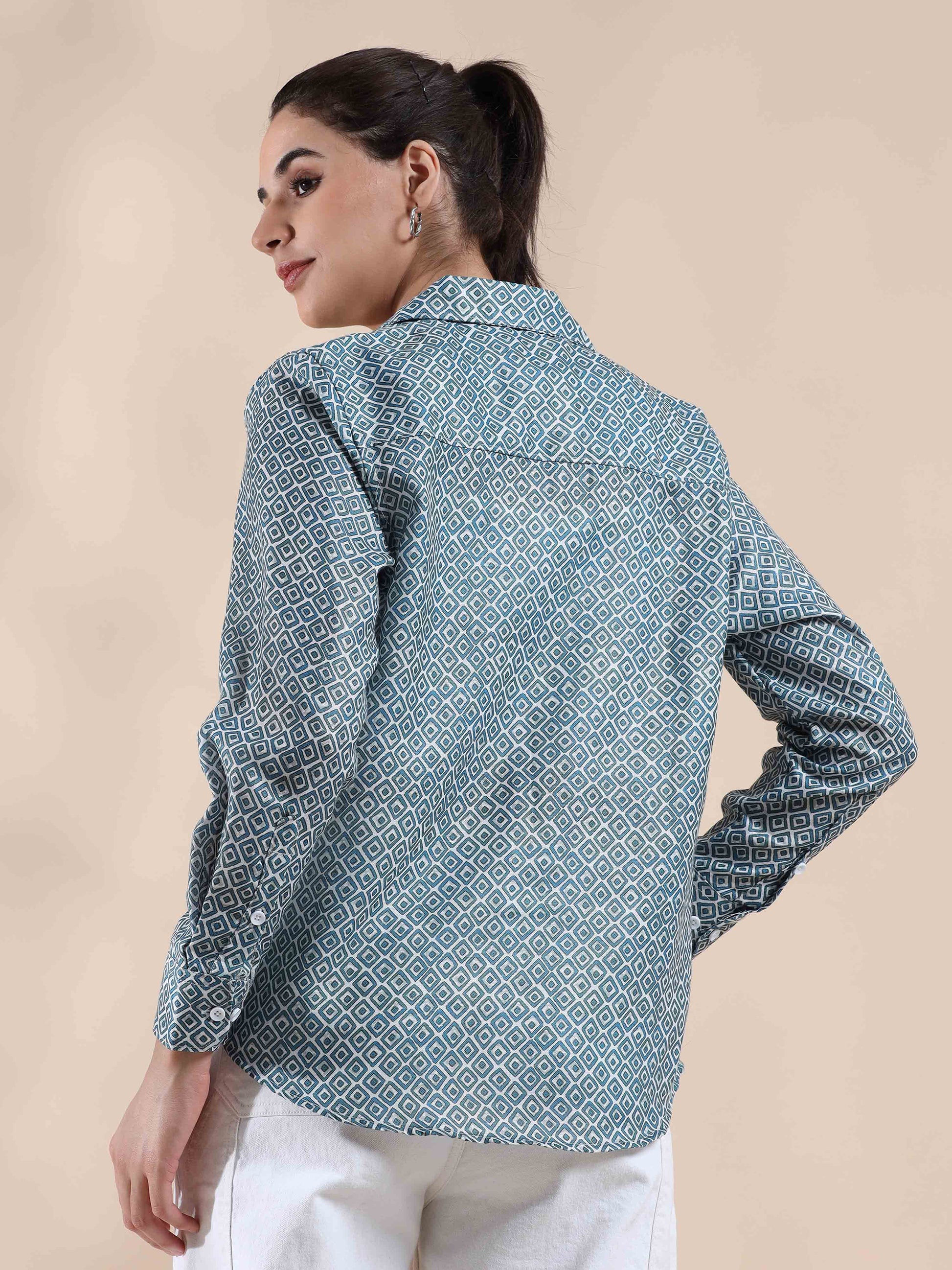 Crisp Blue Grey Cotton Shirt for women
