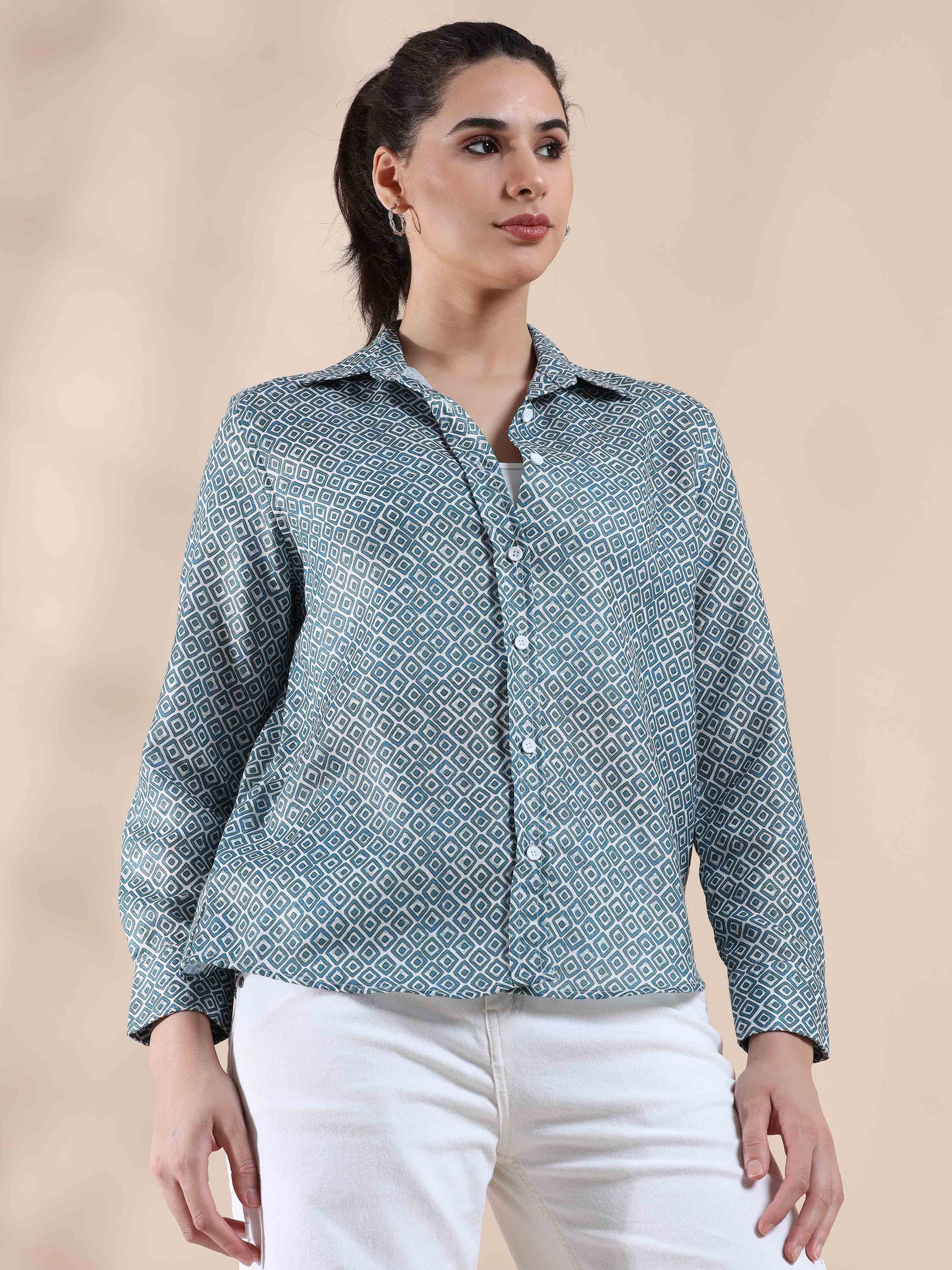 Crisp Blue Grey Cotton Shirt for women