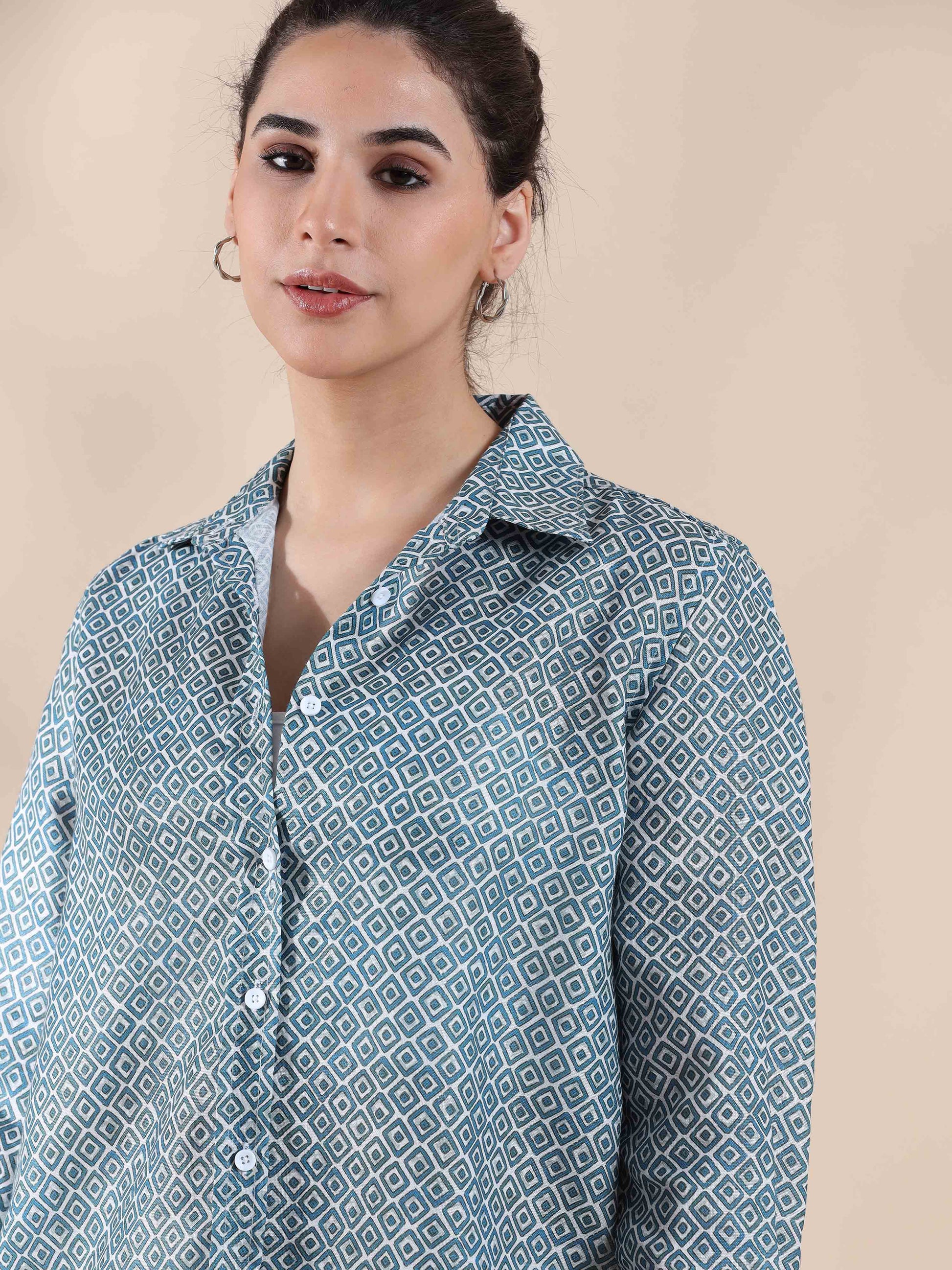 Crisp Blue Grey Cotton Shirt for women