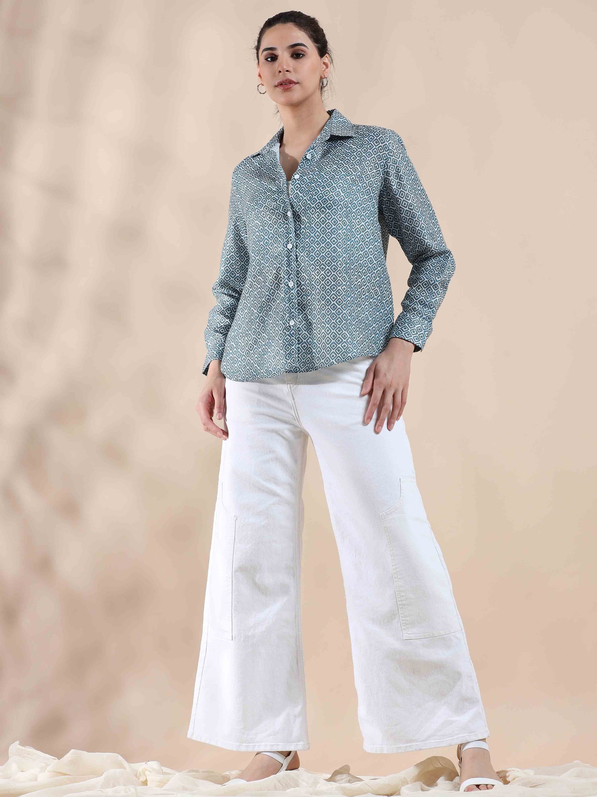 Crisp Blue Grey Cotton Shirt for women