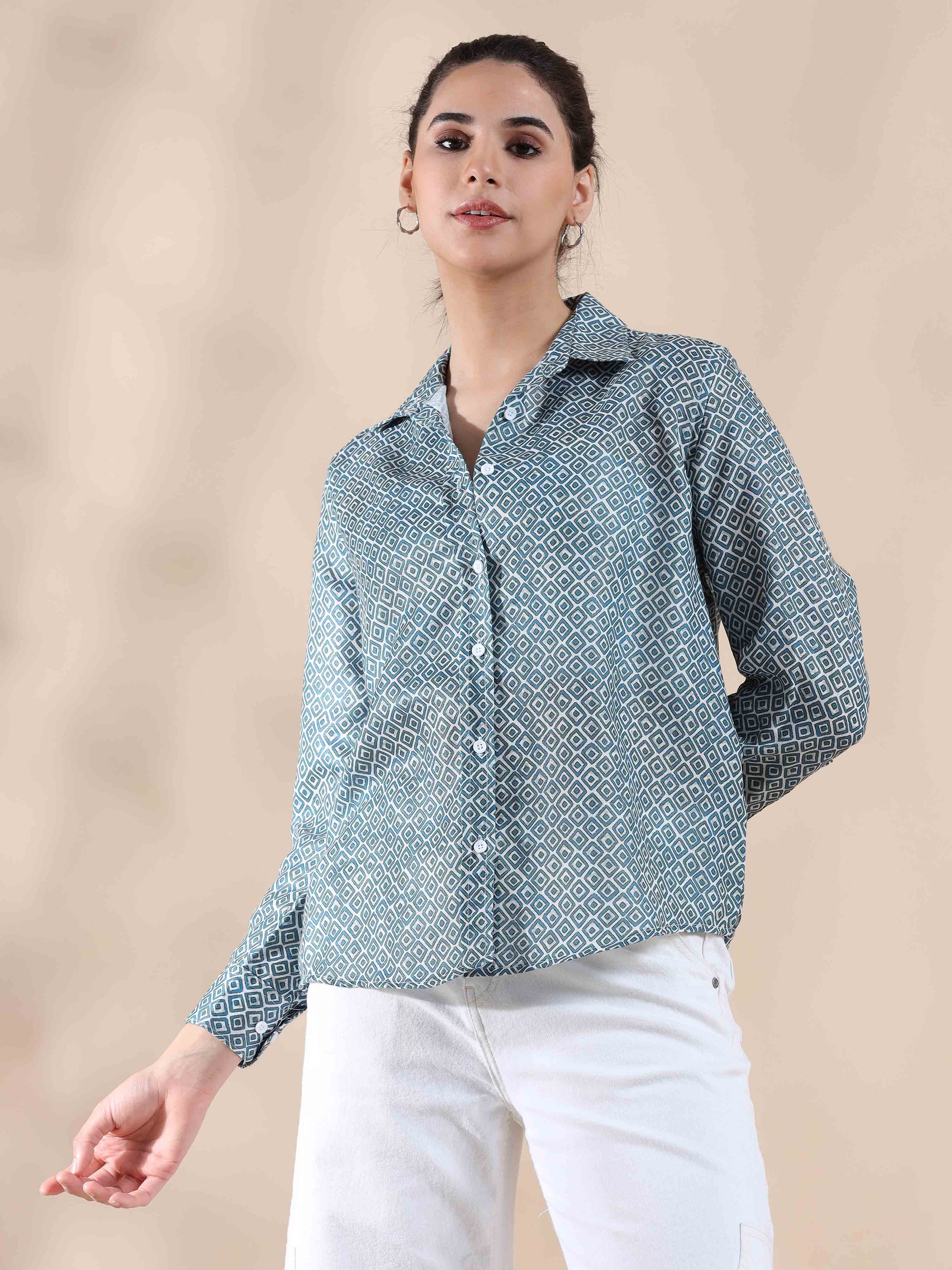 Crisp Blue Grey Cotton Shirt for women