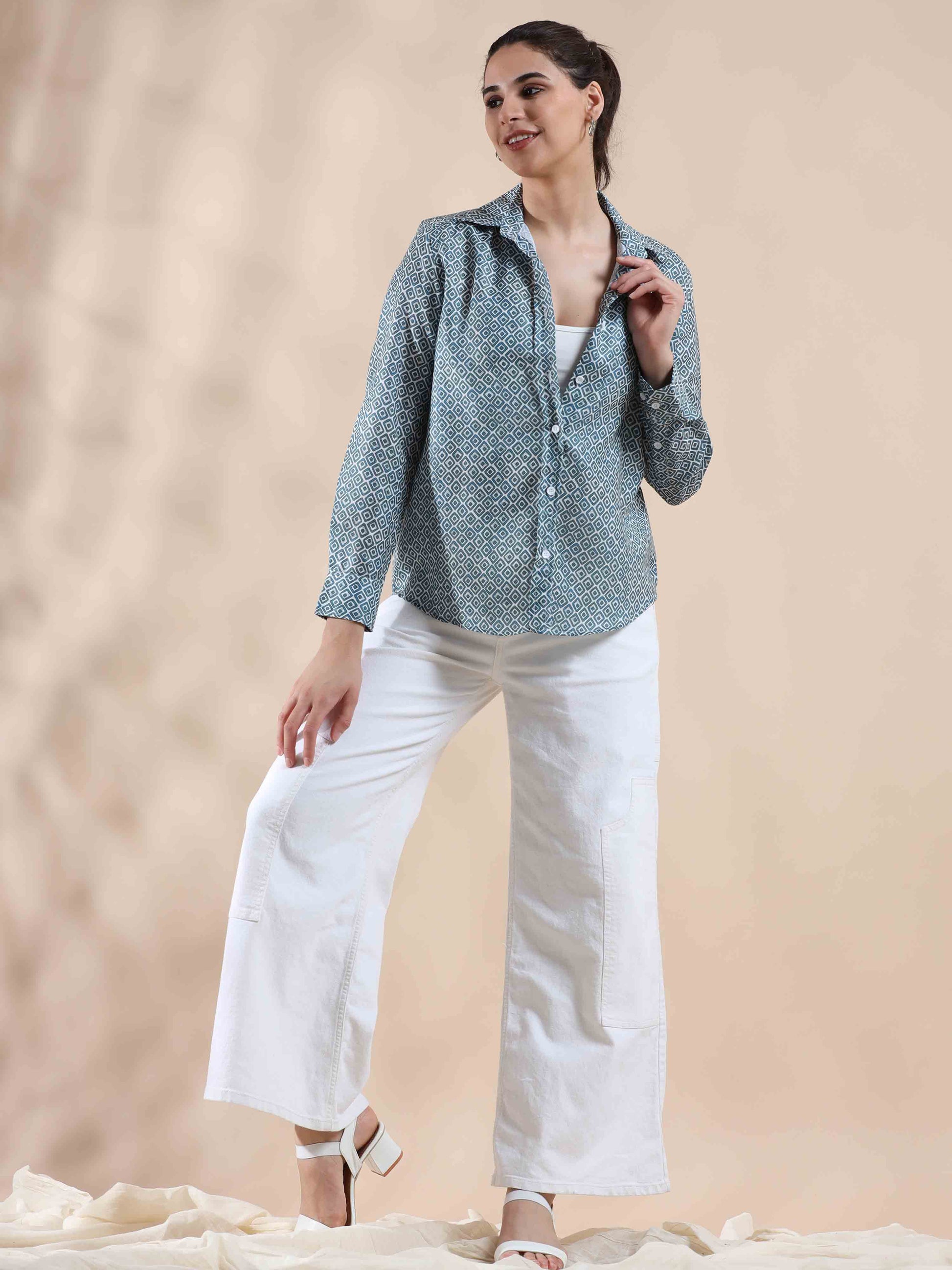 Crisp Blue Grey Cotton Shirt for women