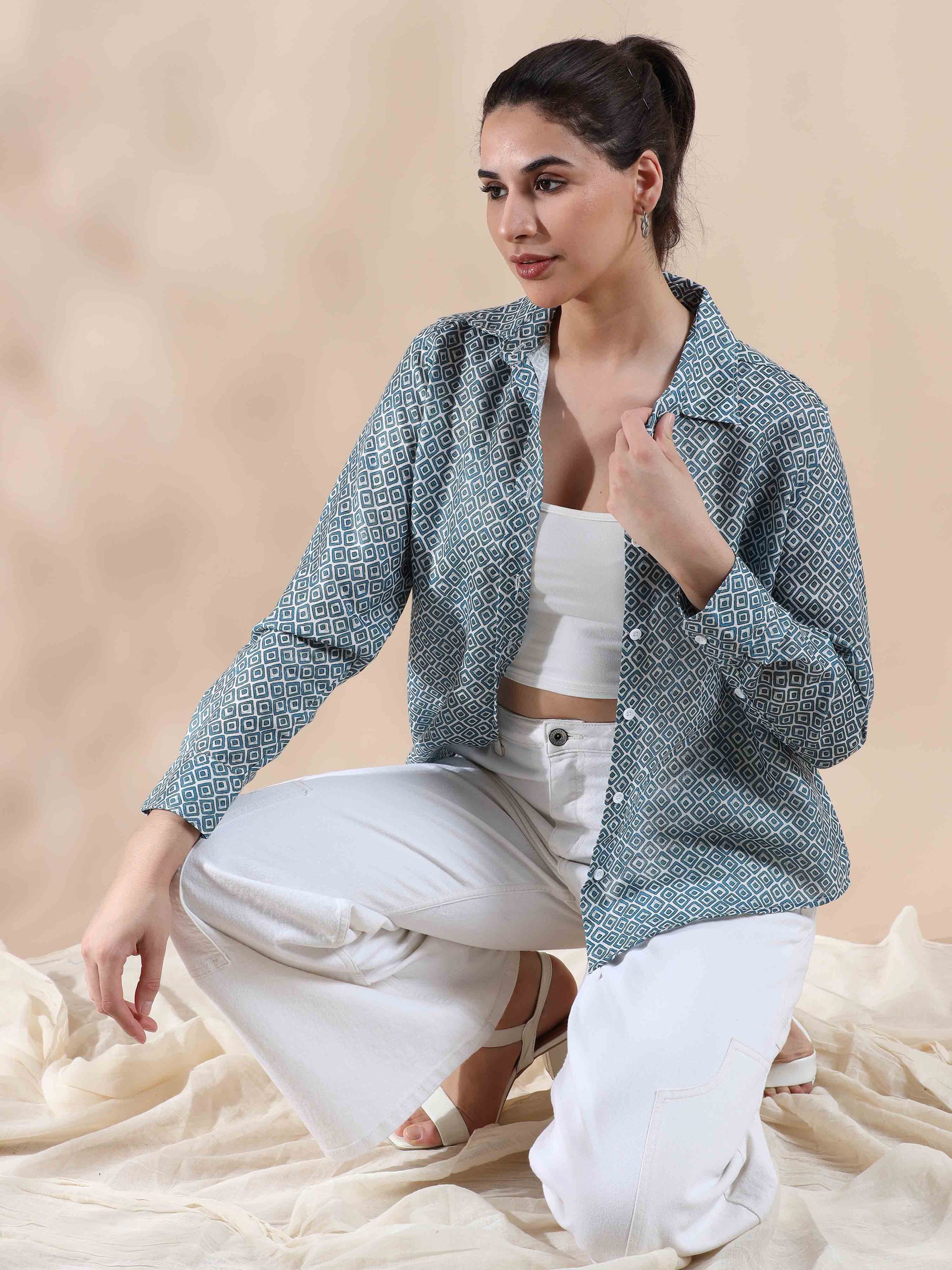 Crisp Blue Grey Cotton Shirt for women