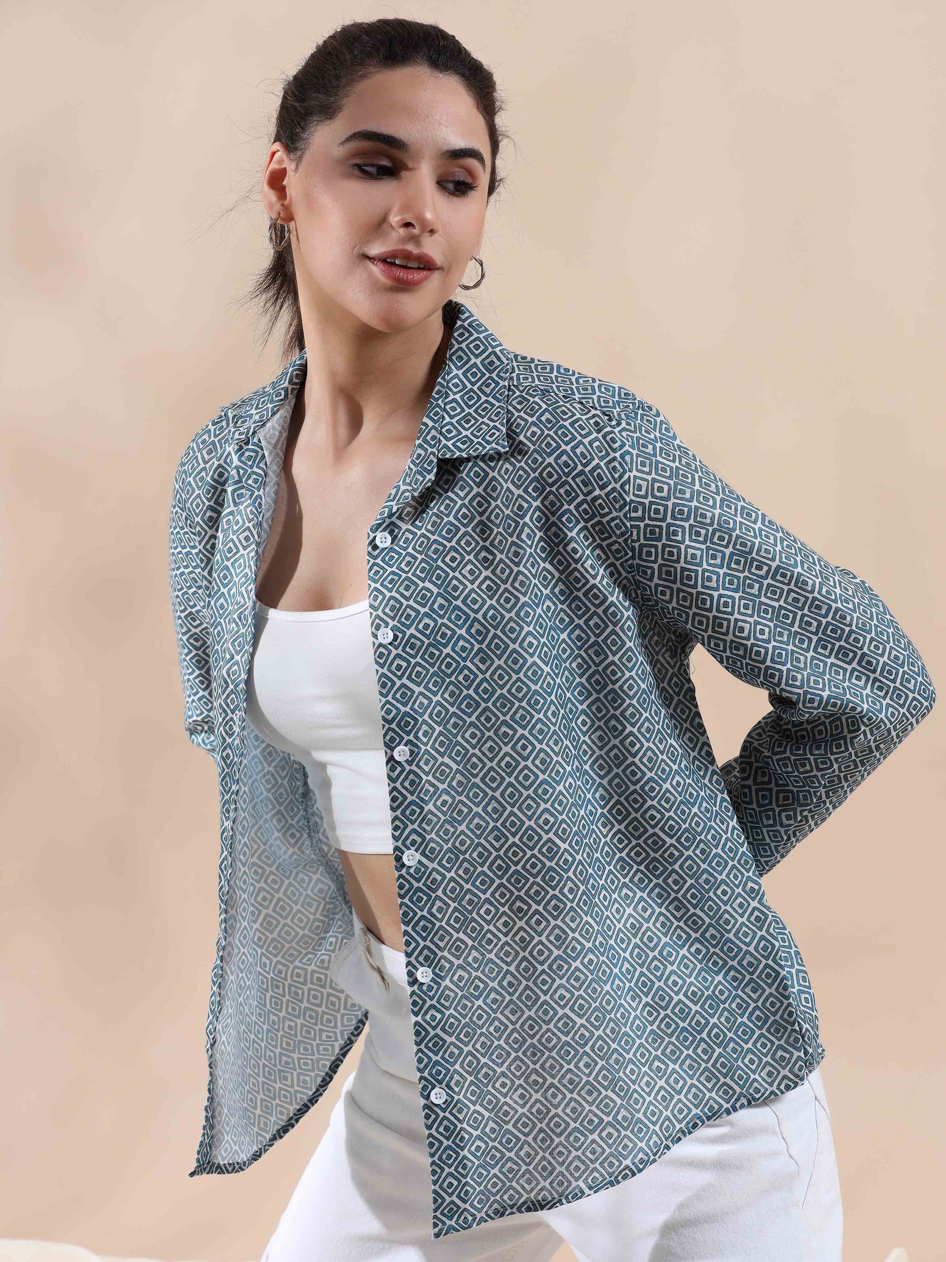 Crisp Blue Grey Cotton Shirt for women