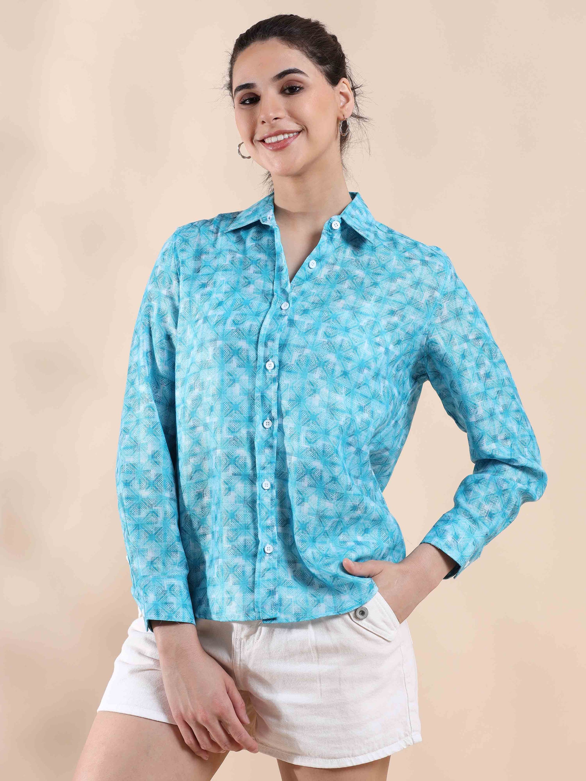 Macaw Blue Green Cotton Shirt foir Women