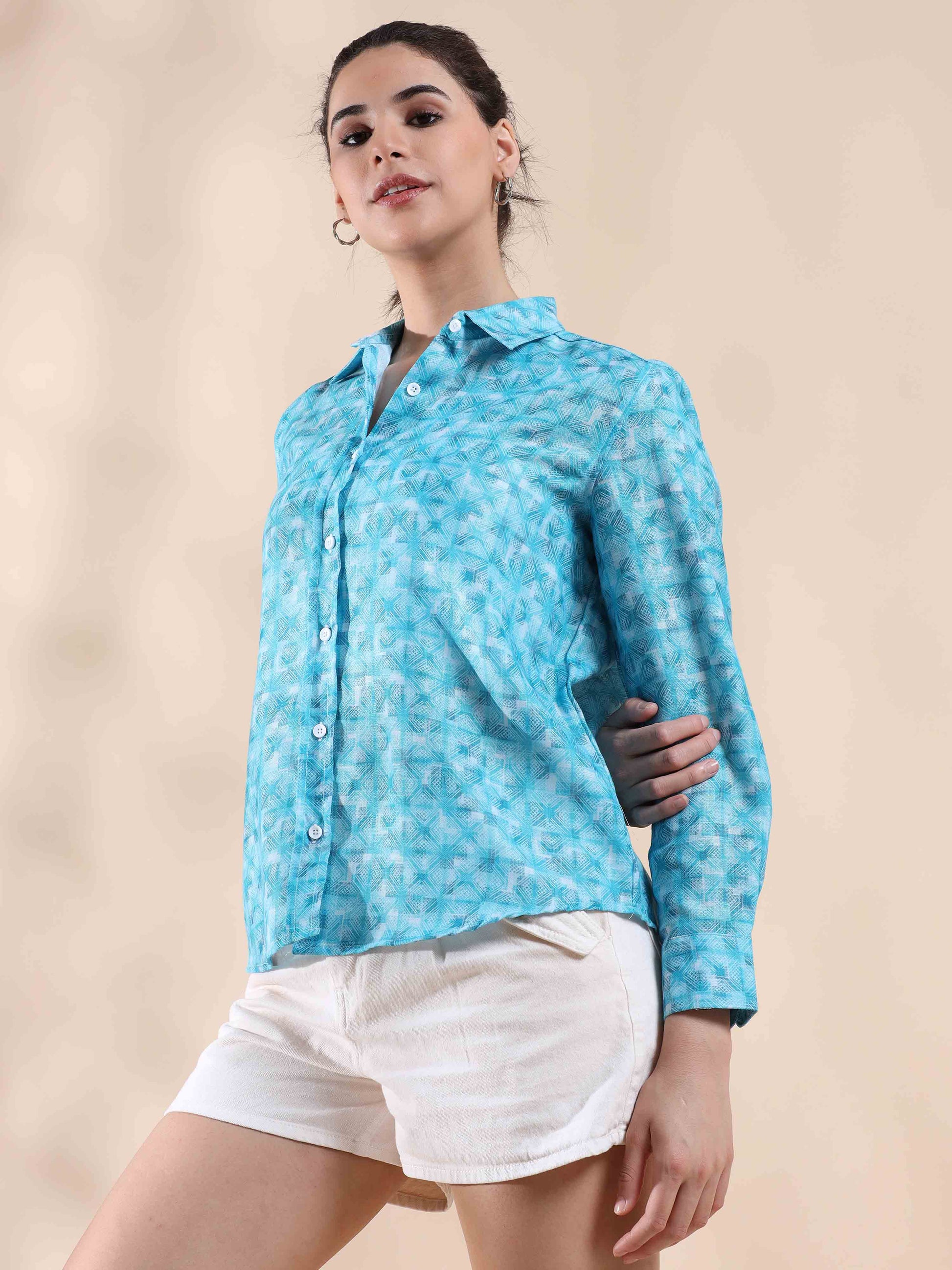 Macaw Blue Green Cotton Shirt foir Women