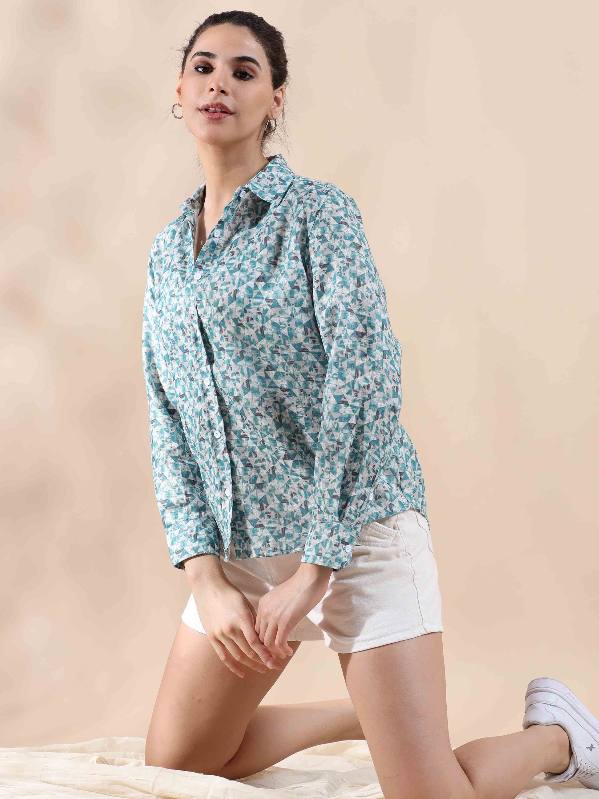 Grey Cotton Printed Shirt for Women