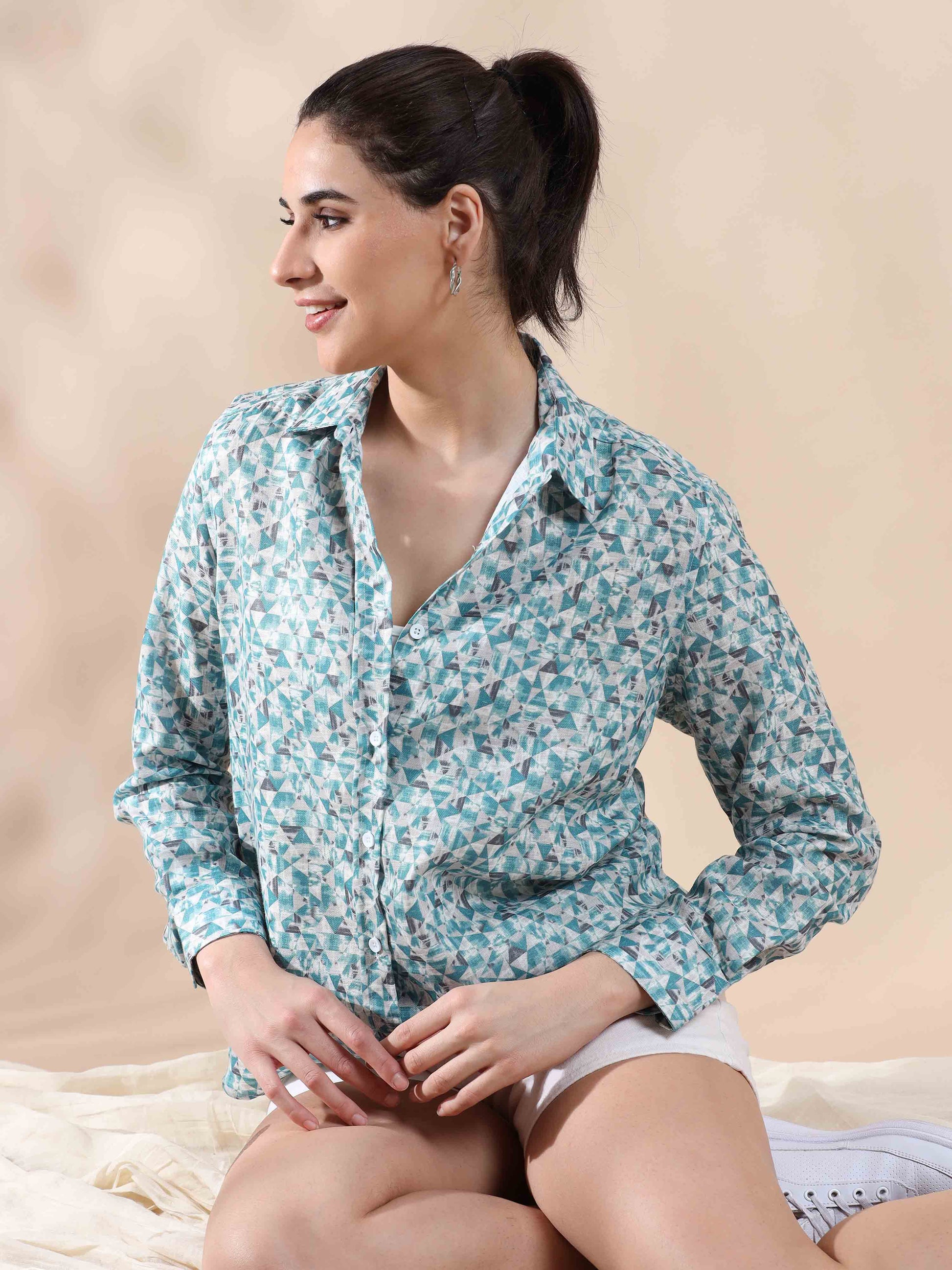 Grey Cotton Printed Shirt for Women