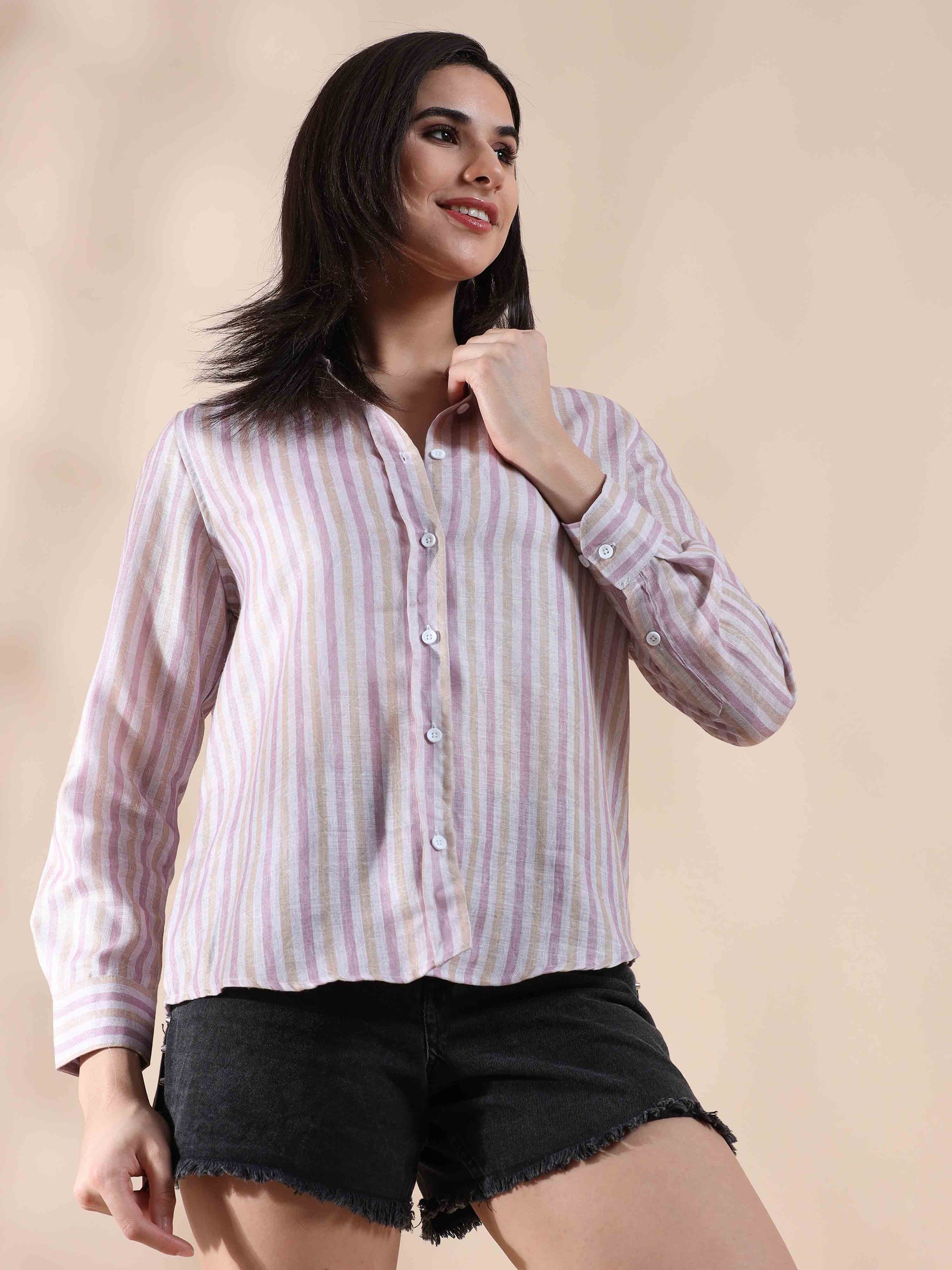 Mauve Cotton Stripe Shirt for Women