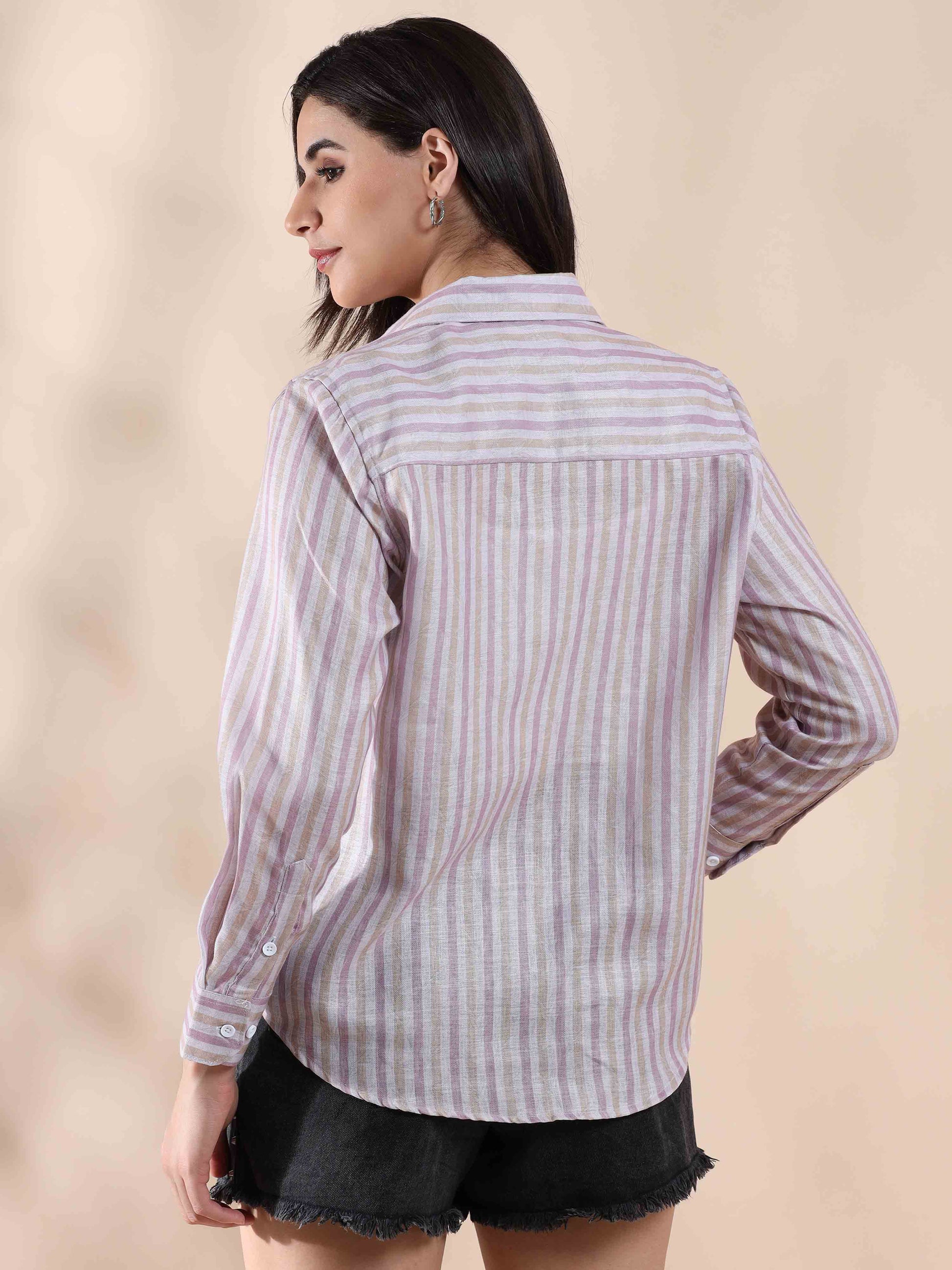 Mauve Cotton Stripe Shirt for Women