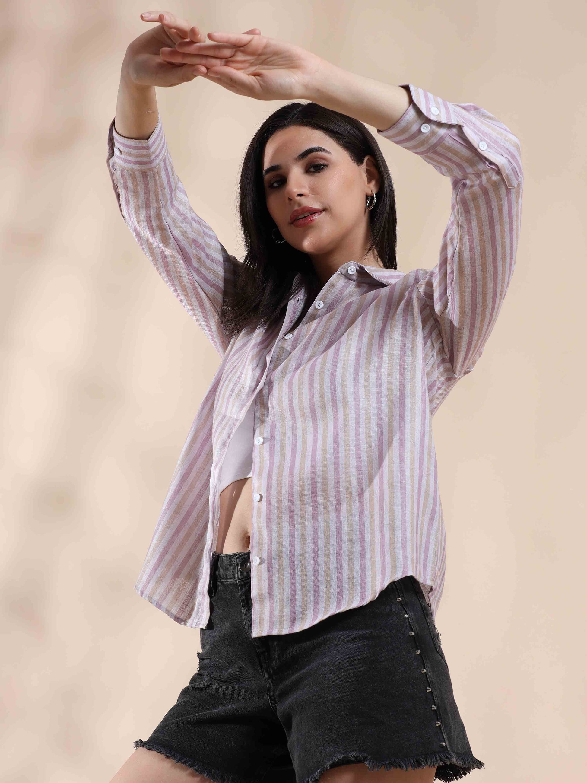 Mauve Cotton Stripe Shirt for Women