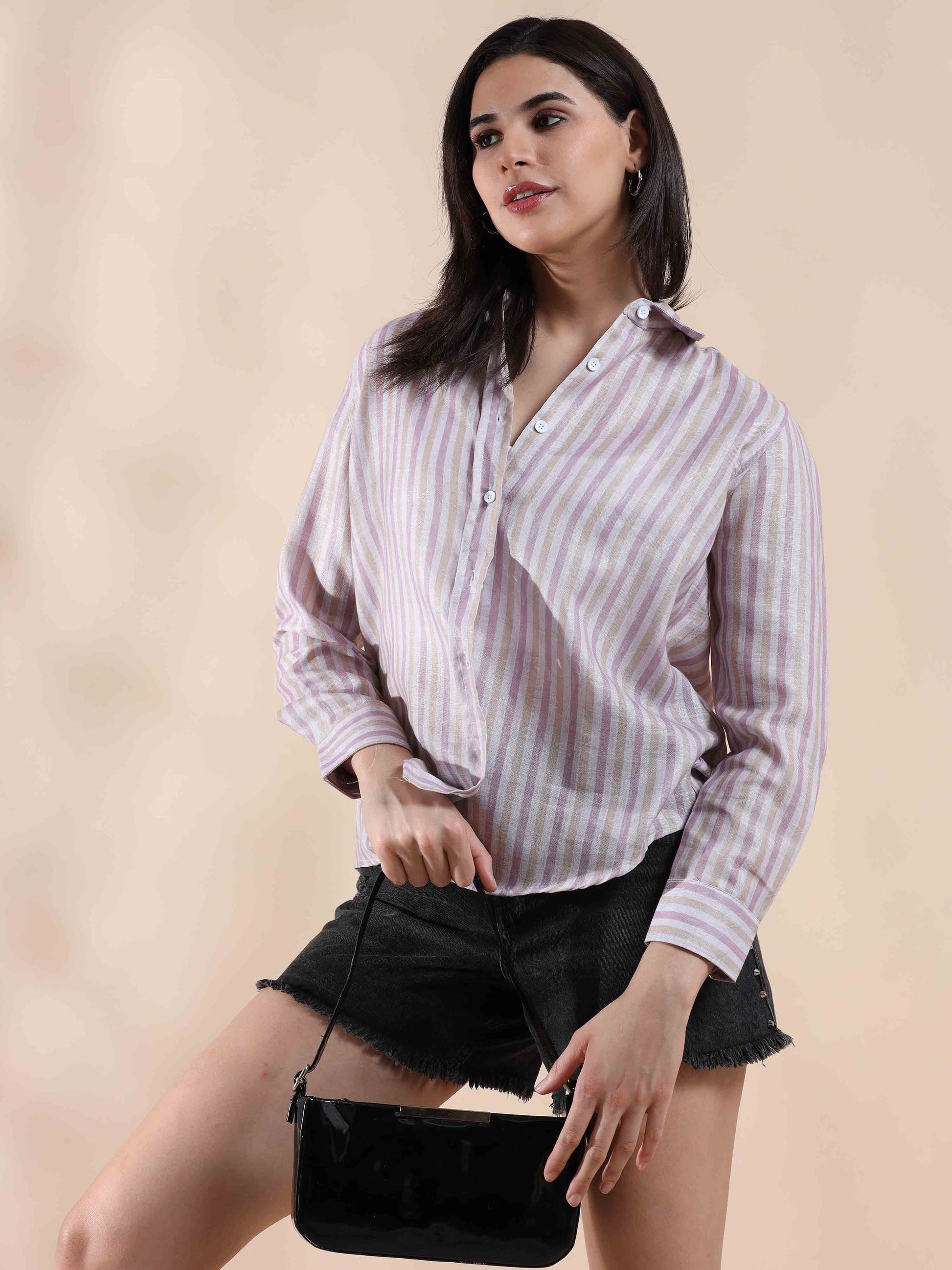 Mauve Cotton Stripe Shirt for Women