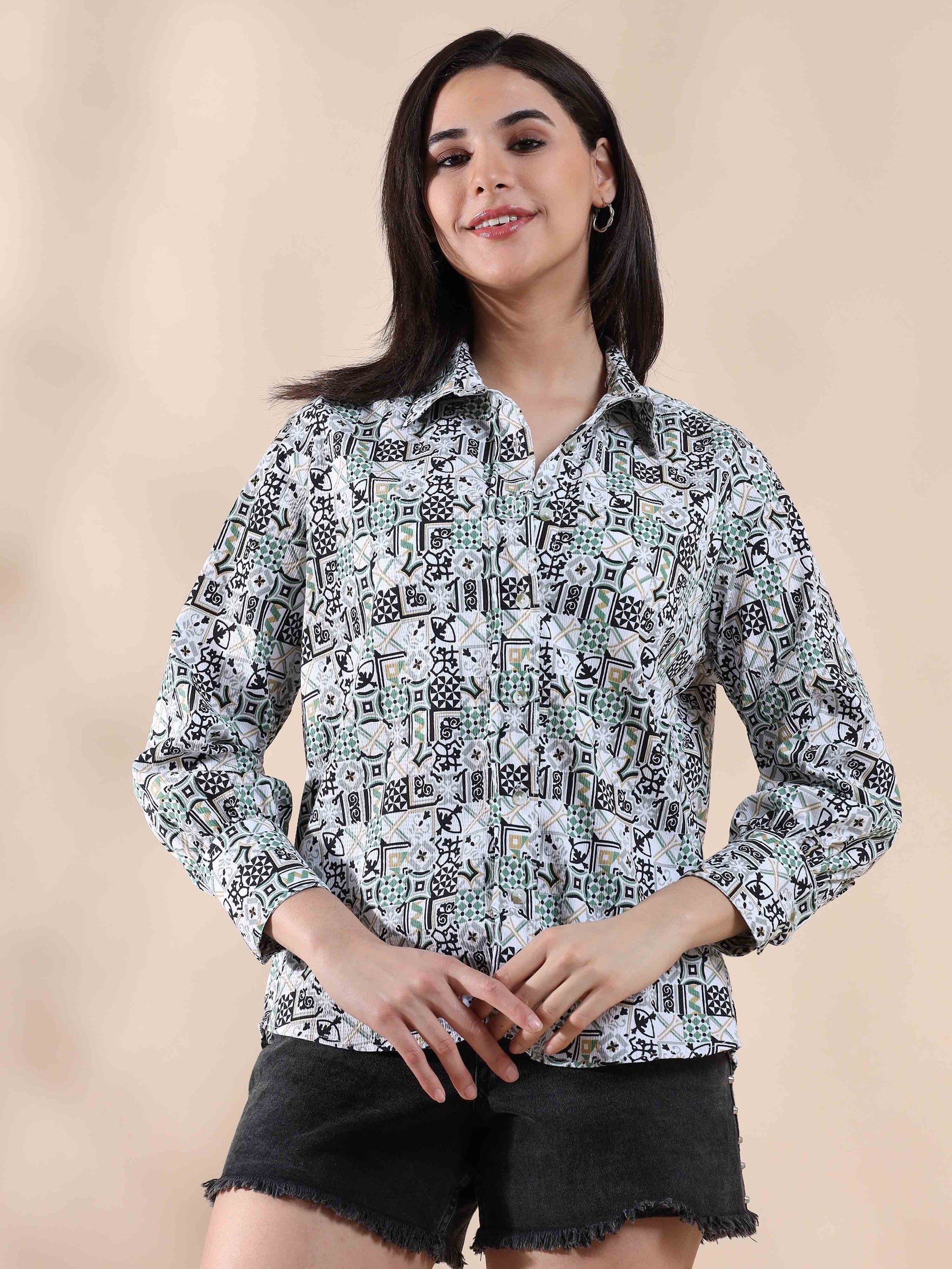 Viridian Breeze Popcorn printed Shirt for women