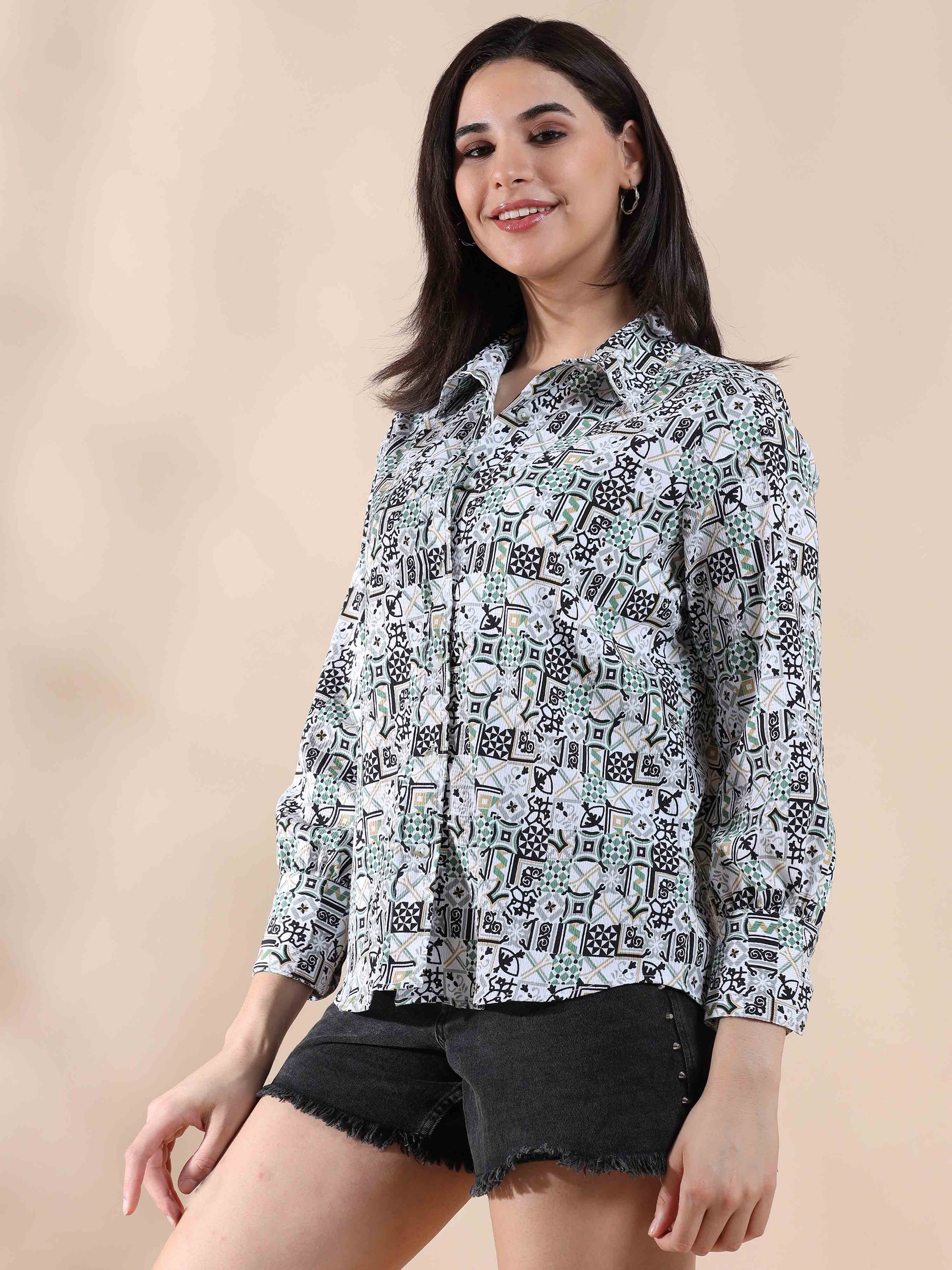 Viridian Breeze Popcorn printed Shirt for women