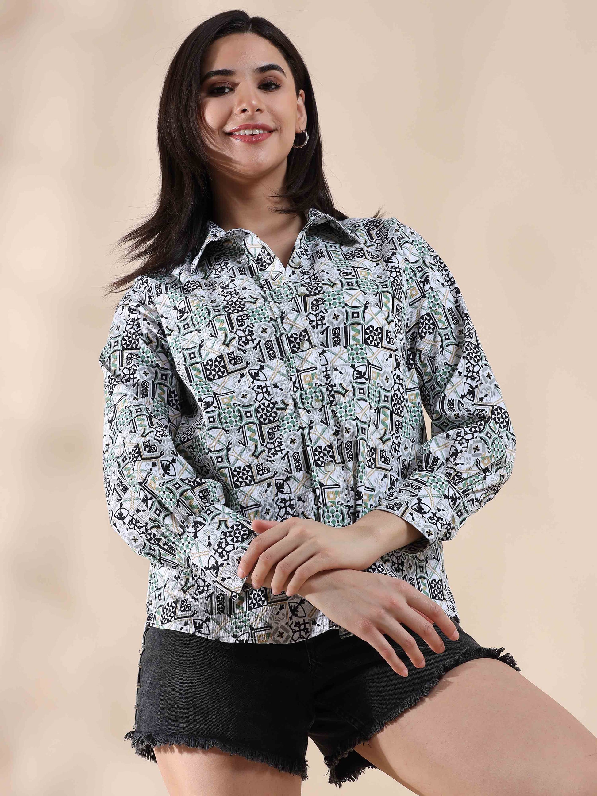 Viridian Breeze Popcorn printed Shirt for women