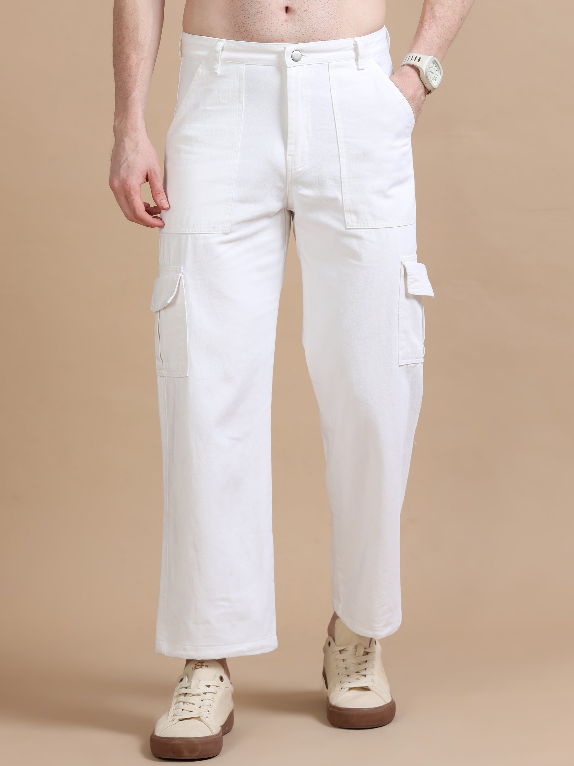 White Utility Denim Plus Size Cargo for Men