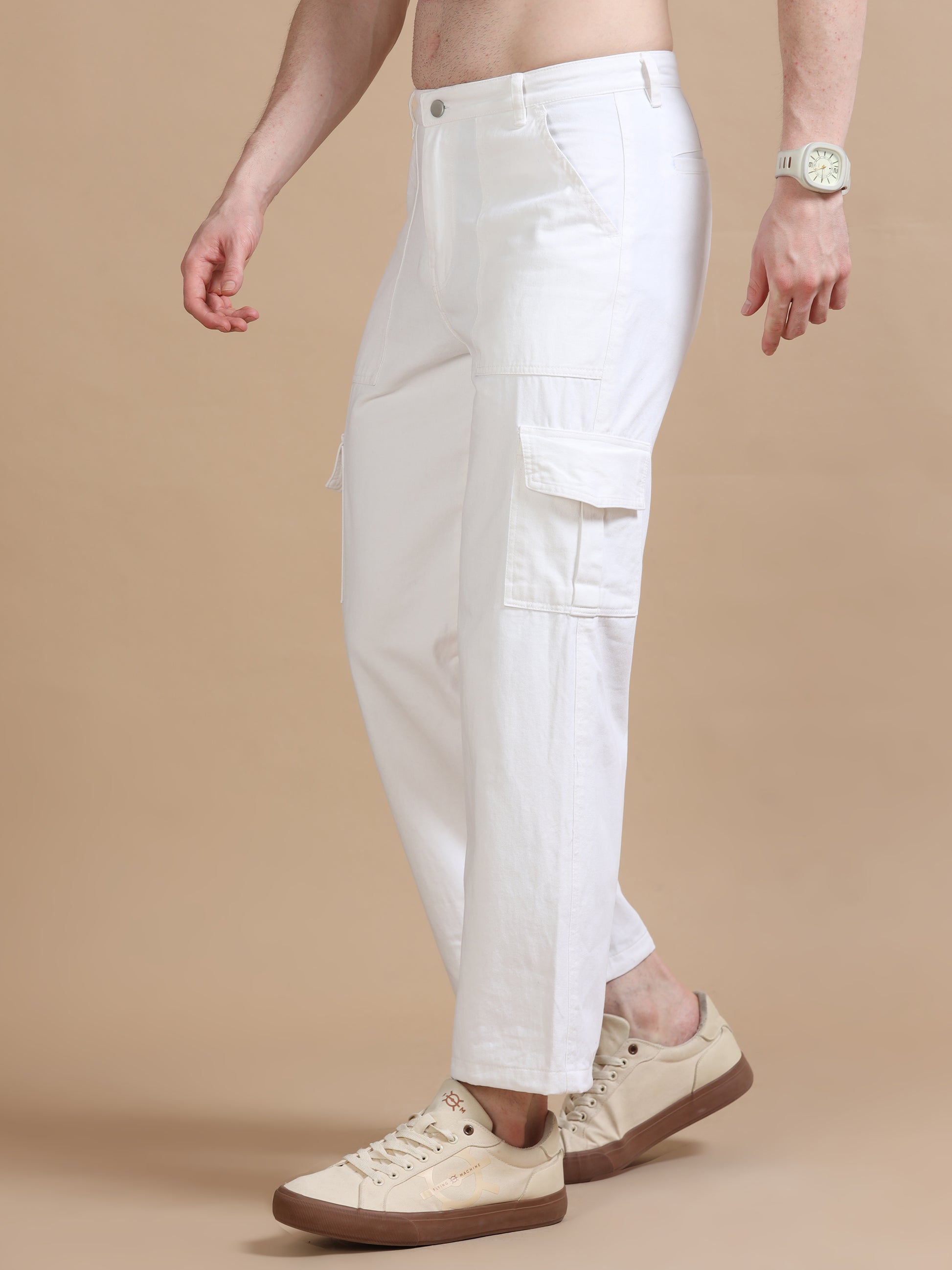 White Utility Denim Plus Size Cargo for Men