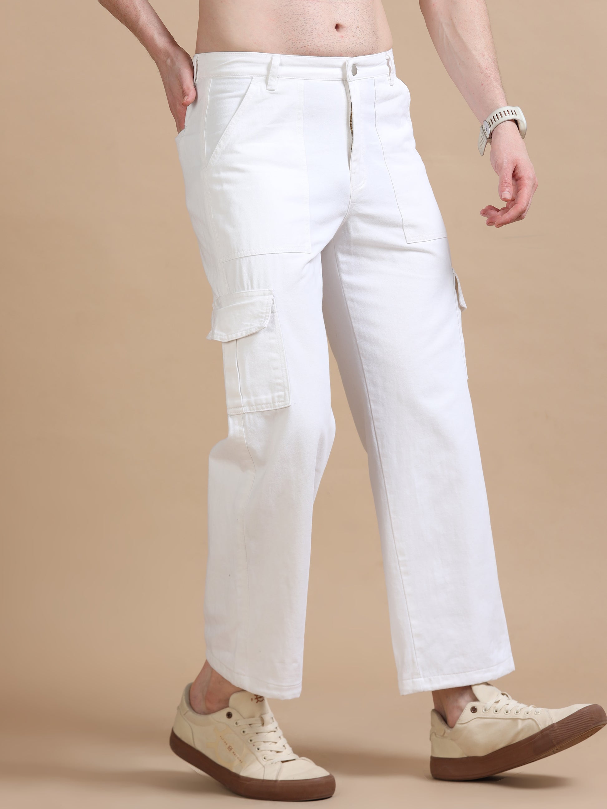White Utility Denim Plus Size Cargo for Men