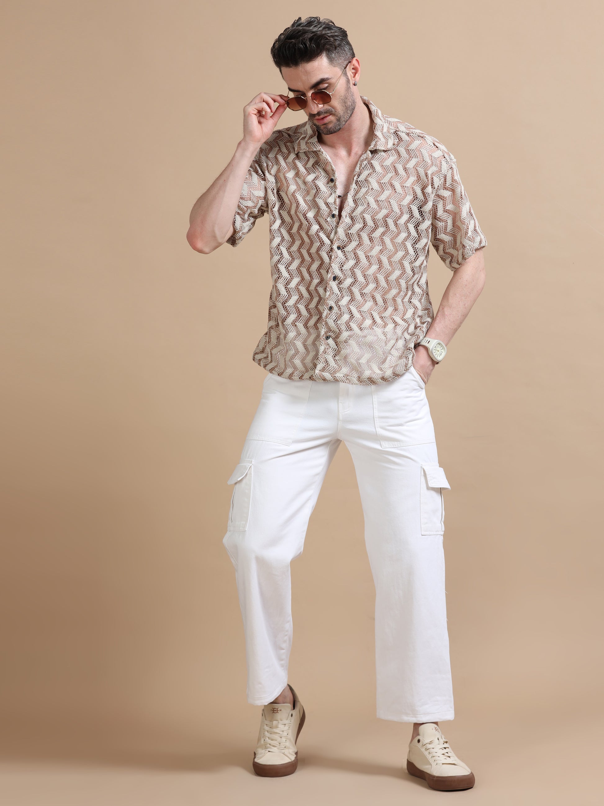 White Utility Denim Plus Size Cargo for Men