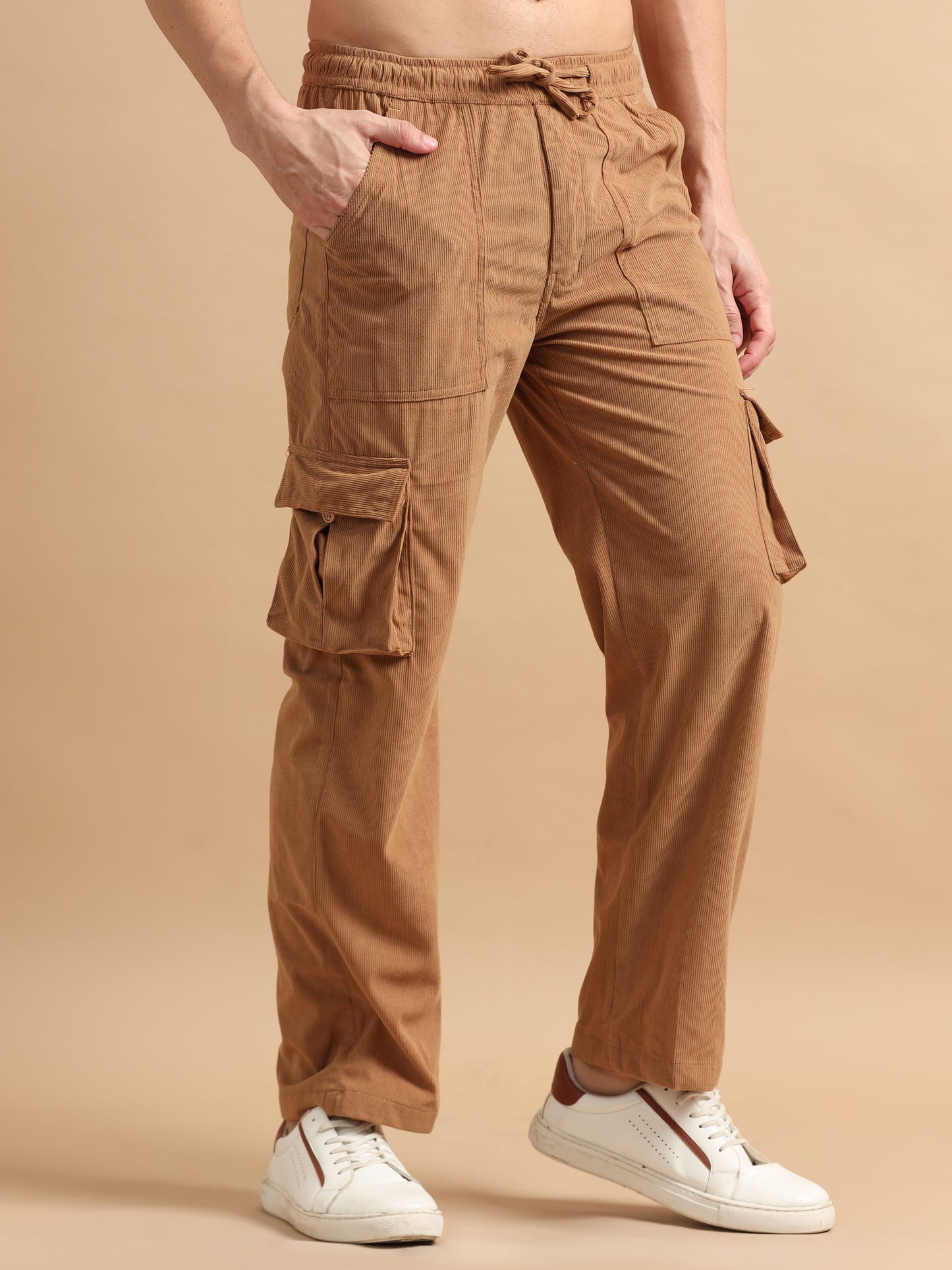 British Tan Corduroy Cargo Pants for Men