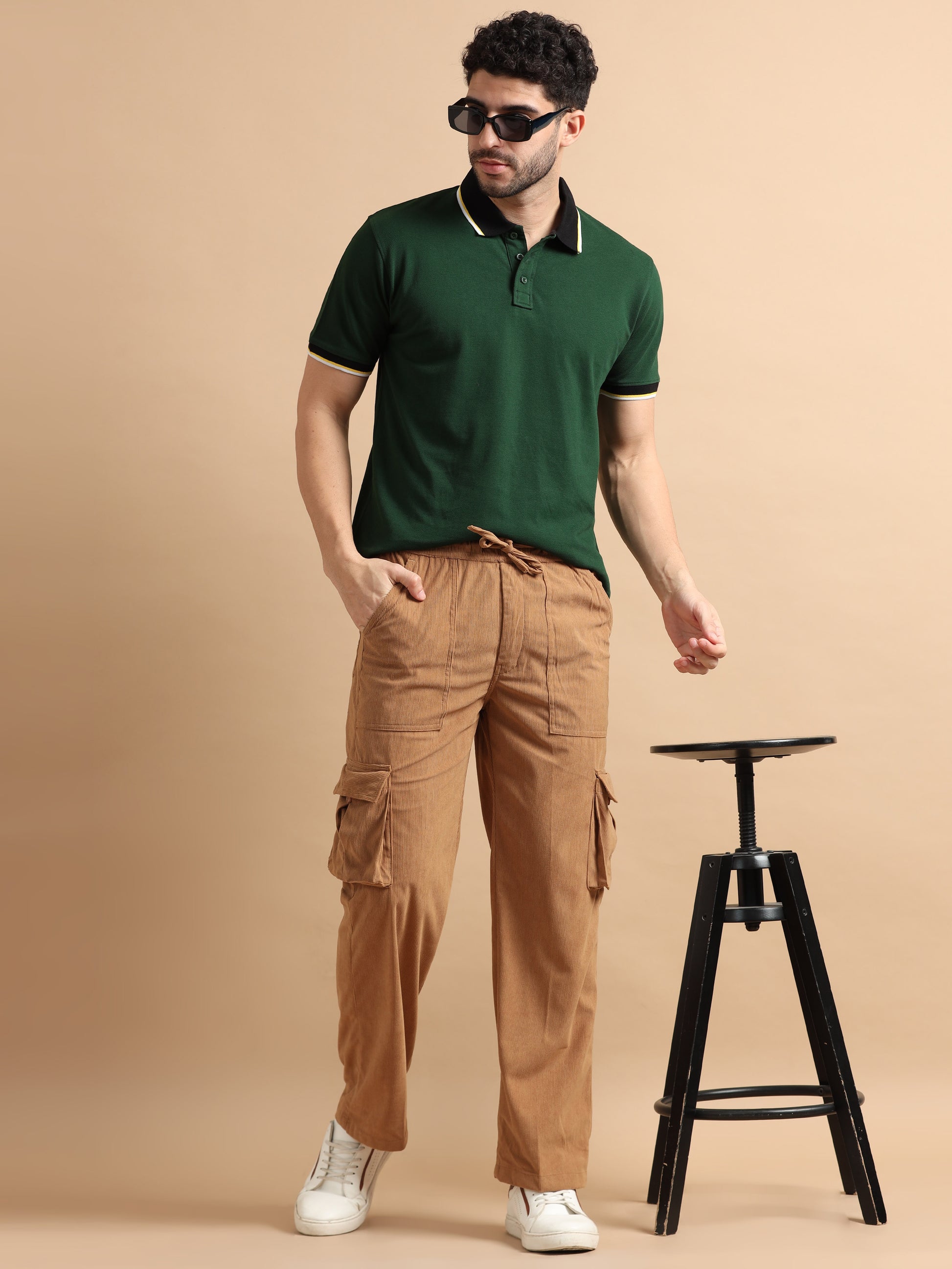 British Tan Corduroy Cargo Pants for Men